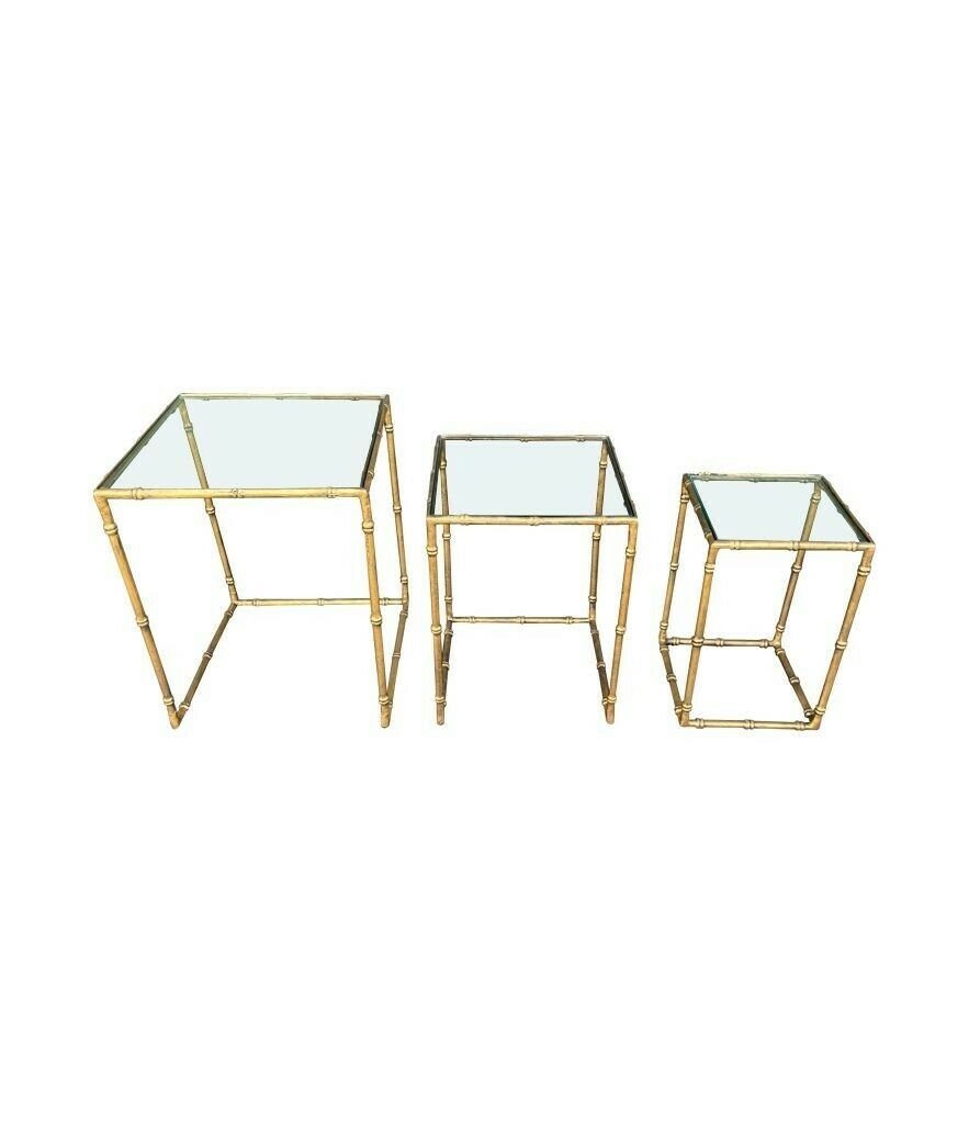 A Set Of Three French 1970s Faux Bamboo Gilt Metal Nest Of Tables, With Glass Shelves photo vintage