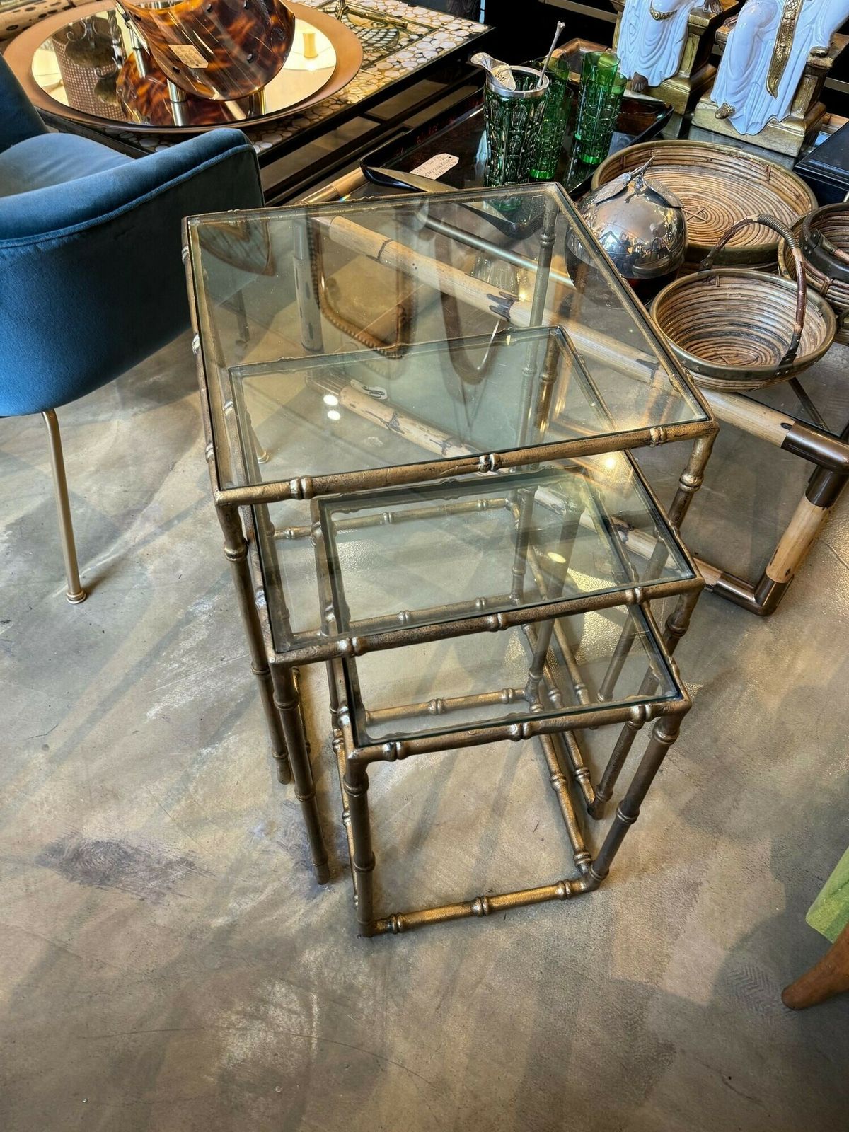 photo vinterior A Set Of Three French 1970s Faux Bamboo Gilt Metal Nest Of Tables, With Glass Shelves