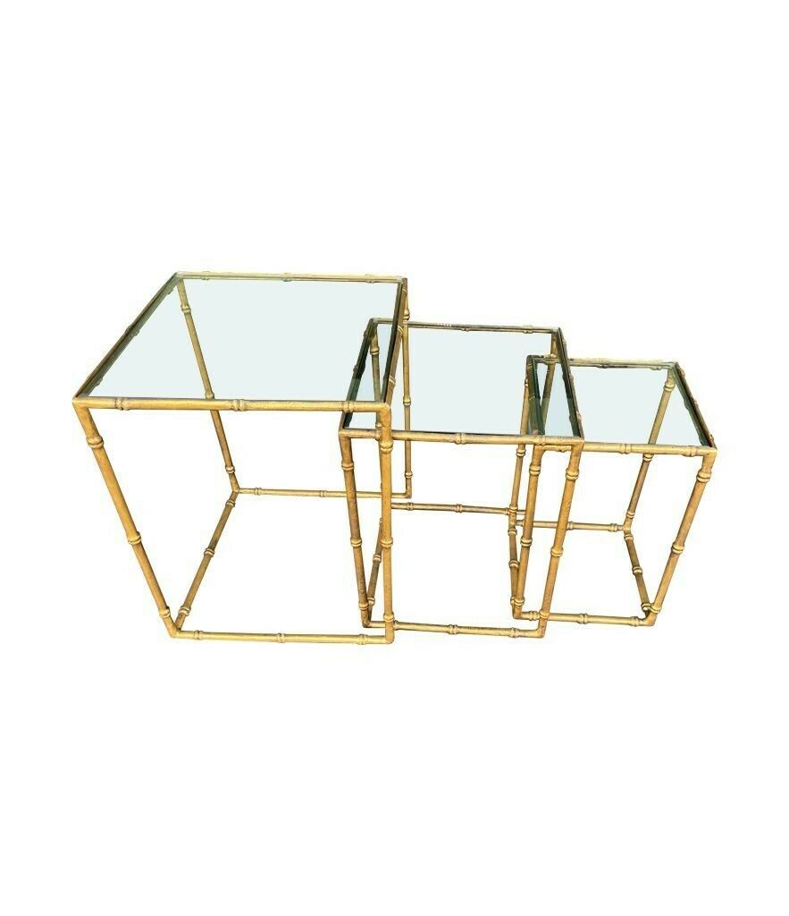 photo buy A Set Of Three French 1970s Faux Bamboo Gilt Metal Nest Of Tables, With Glass Shelves