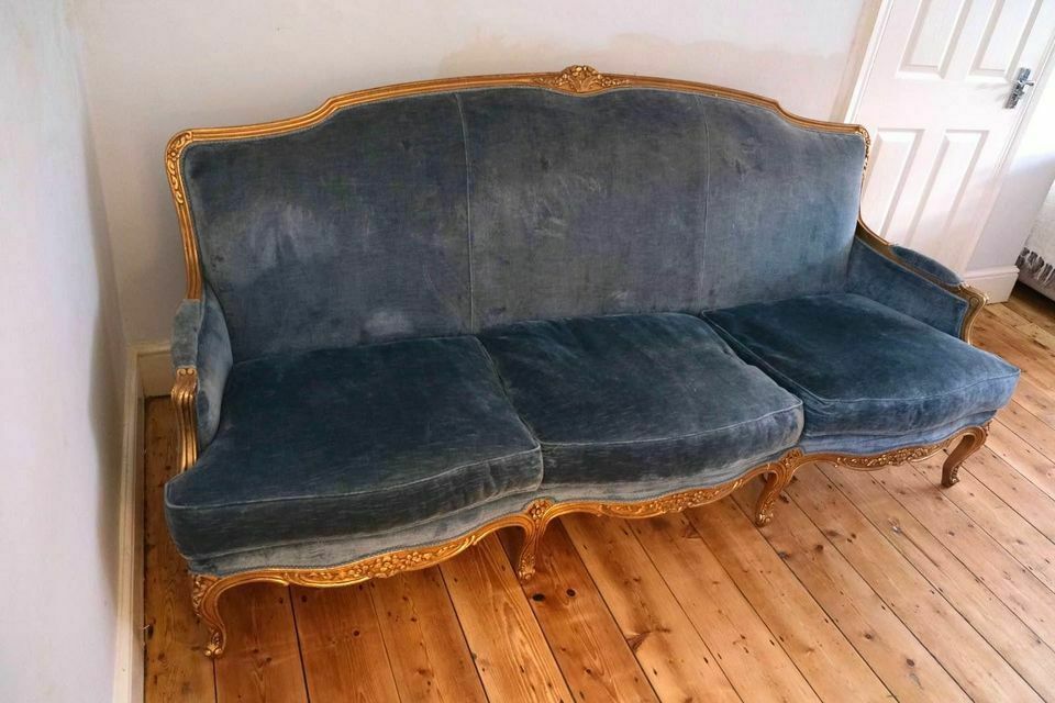 Vintage Style Sofa In Steel Blue Velvet photo for sale