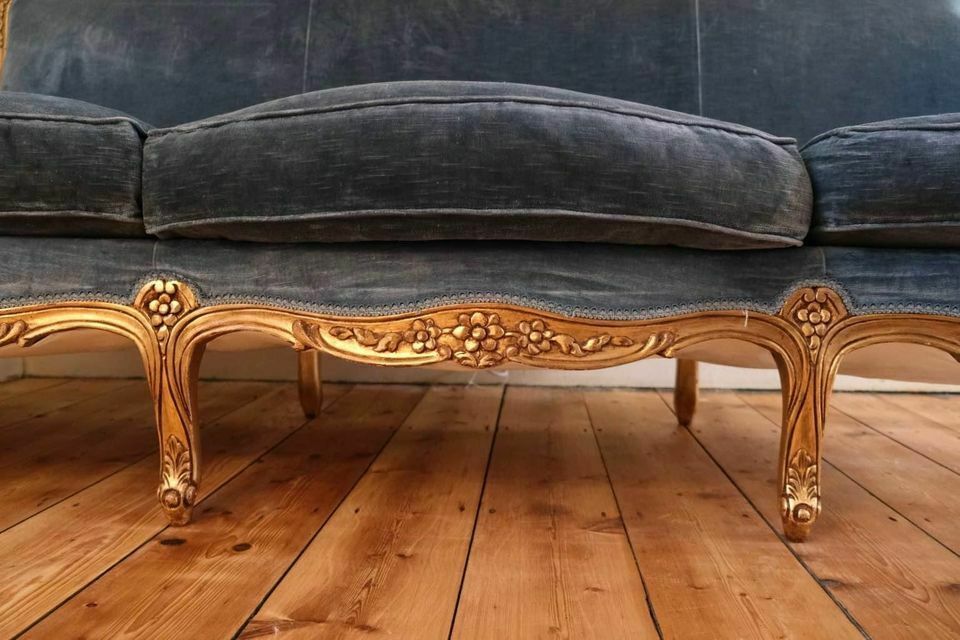 Vintage Style Sofa In Steel Blue Velvet photo buy