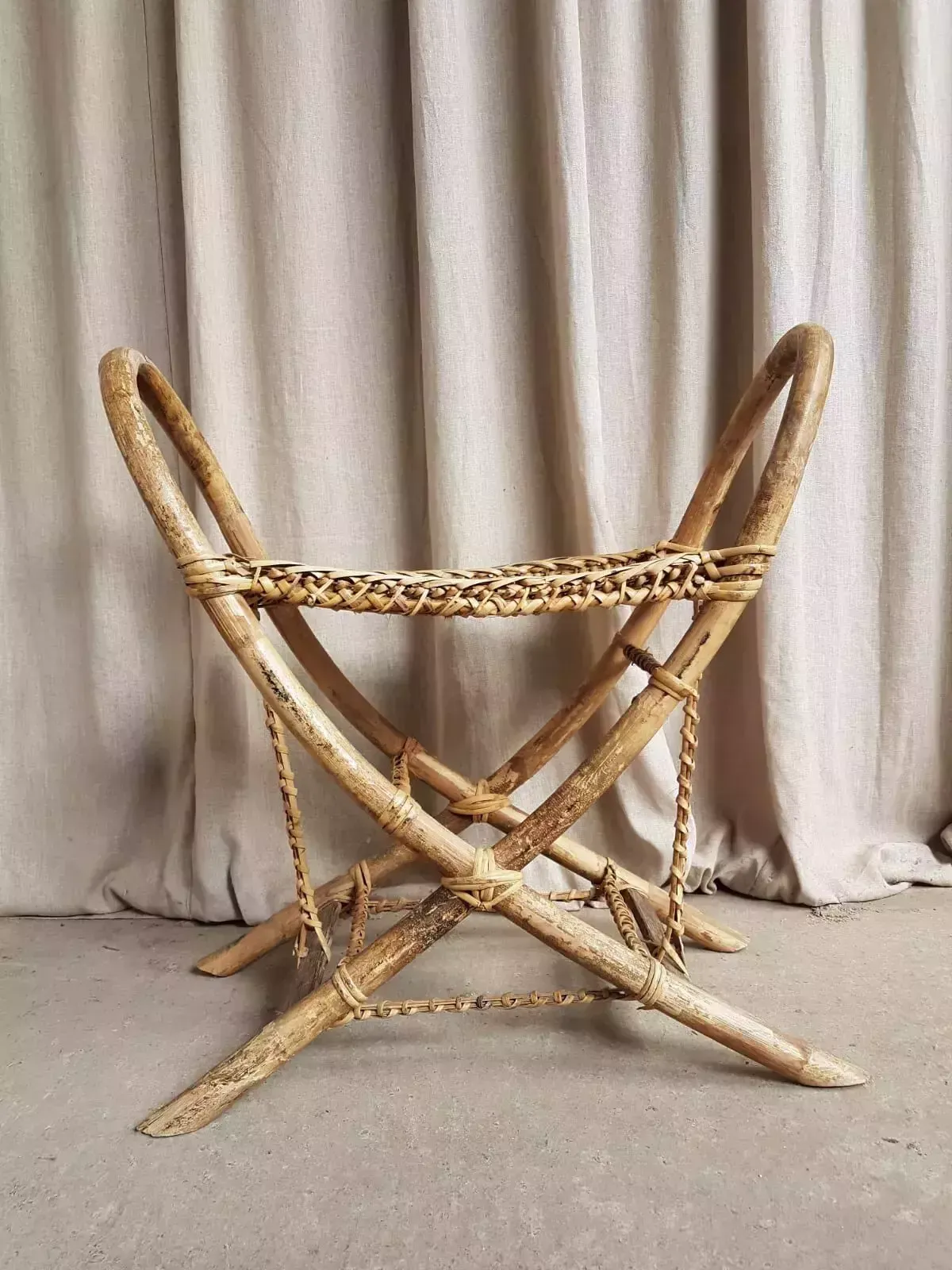 Vtg Early Mid Century Antique 30s Tribal Wicker Stool Bench Bamboo Retro R556 photo for sale