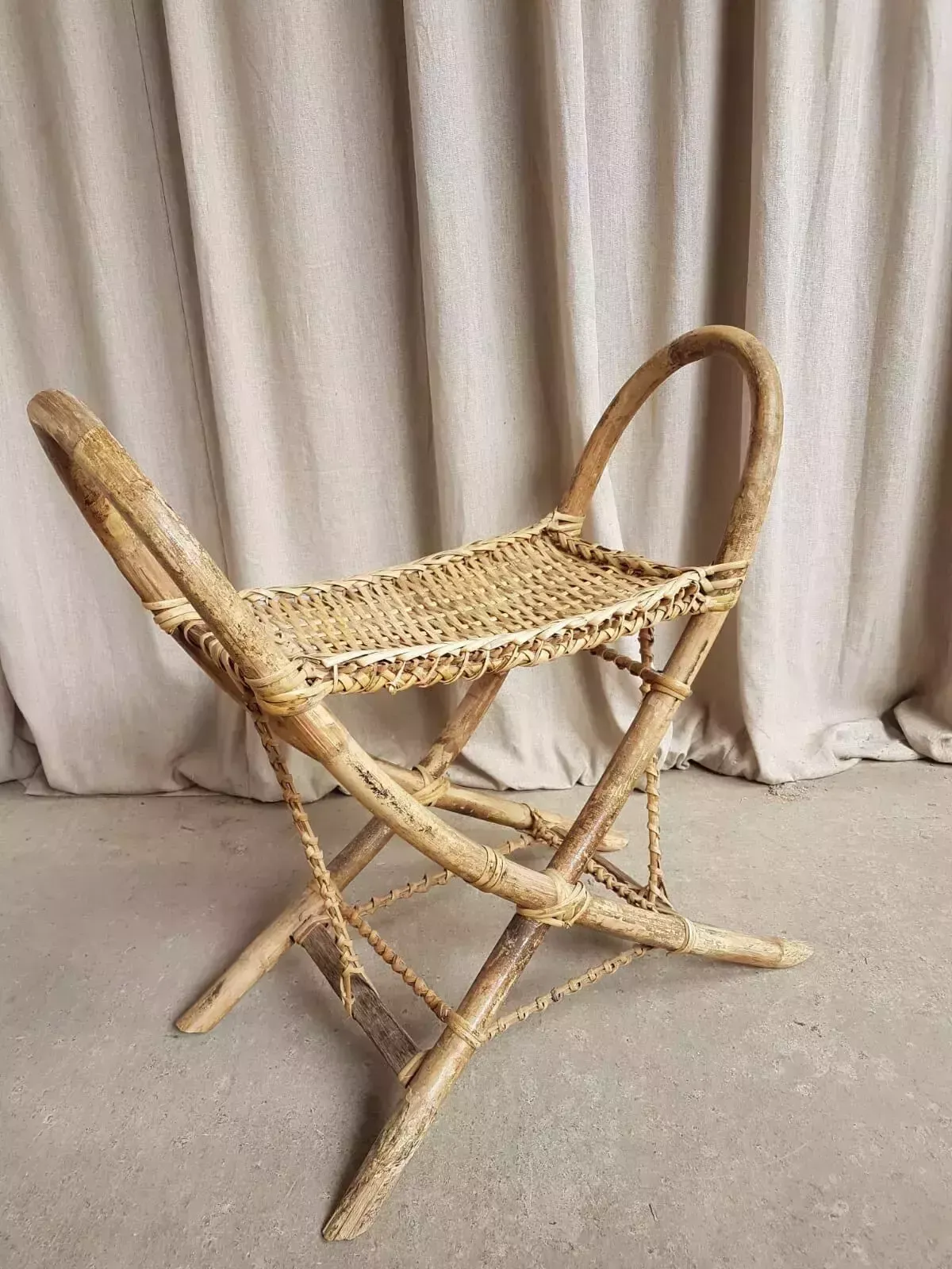 Furniture Vtg Early Mid Century Antique 30s Tribal Wicker Stool Bench Bamboo Retro R556 photo