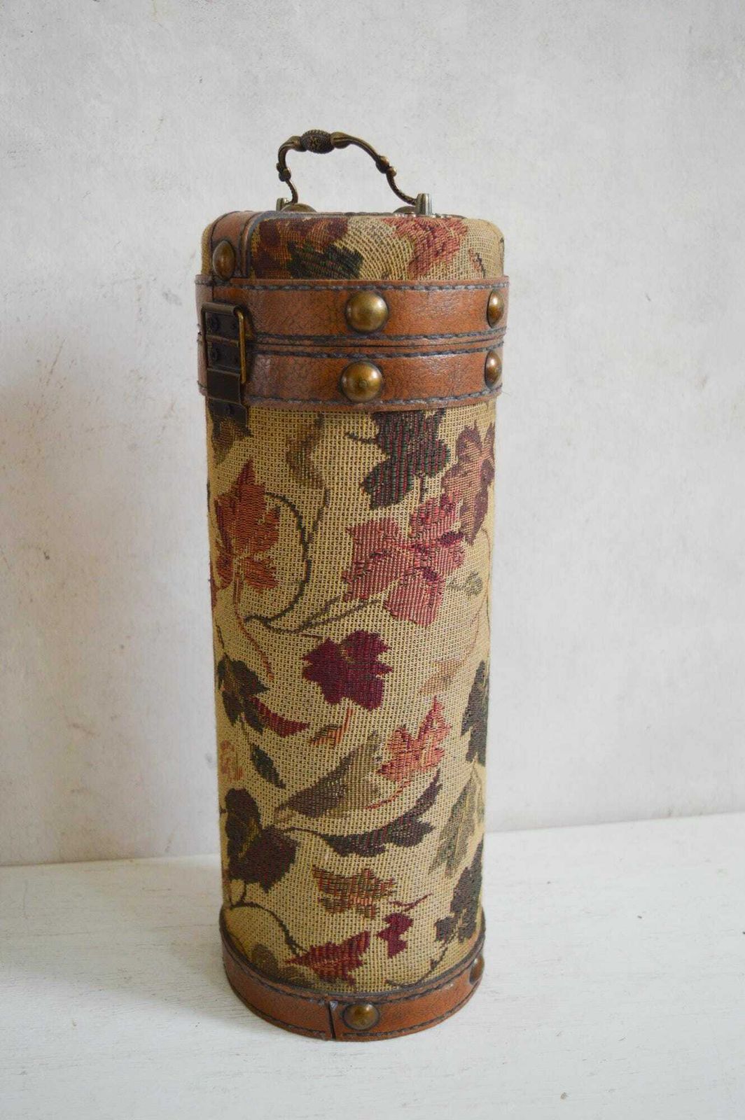 Vintage Set Of 2  Wooden Wine Bottle Carriers With Tapestry Fabric Studs, Buckle And Handles photo vinterior