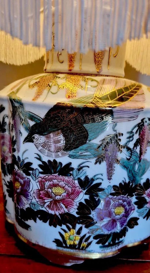 Large Oriental Porcelain Hand Painted Famille Rose & Gilt Table Lamp & Downtown Abbey Style Shade photo Lighting