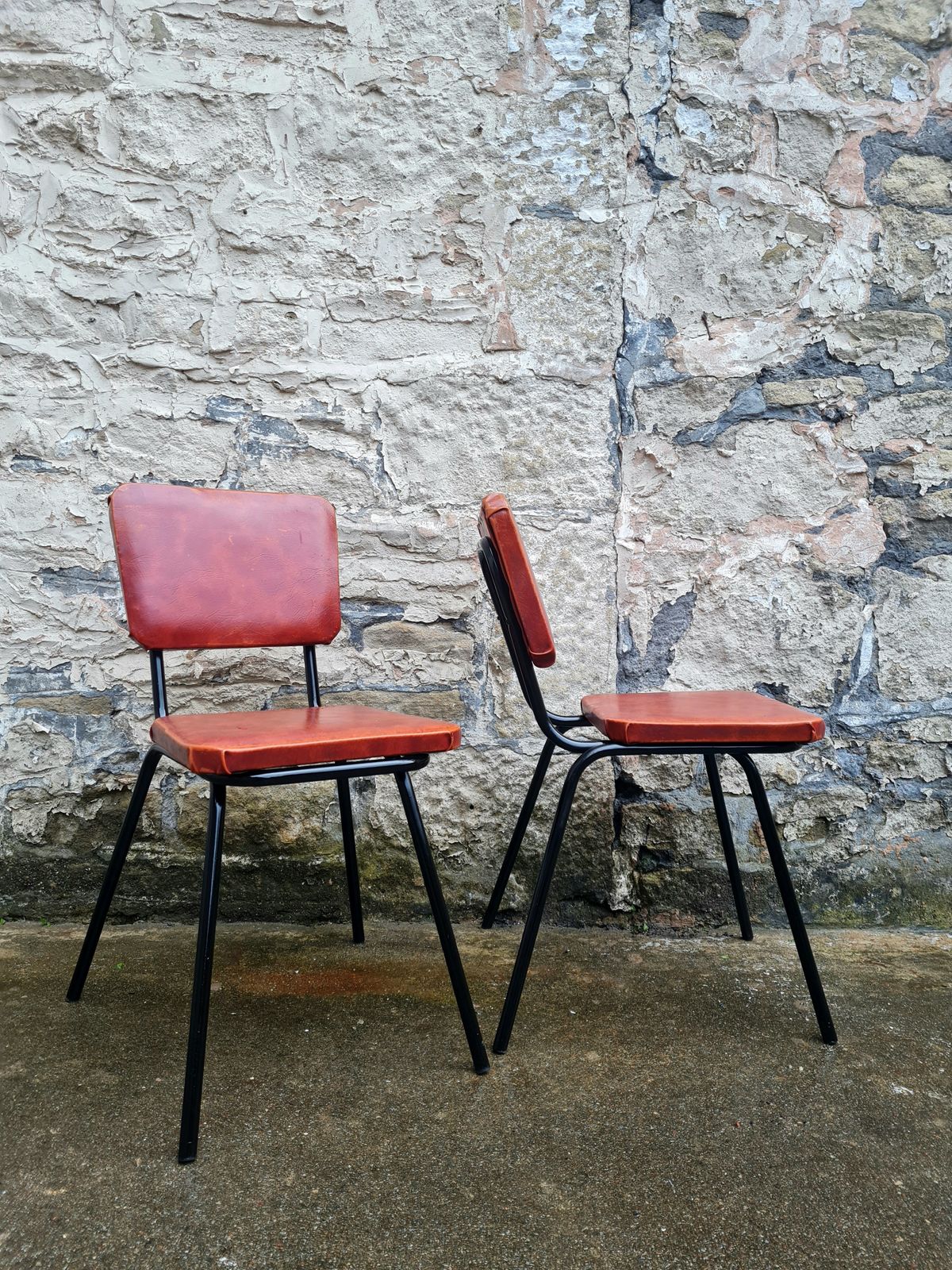 Furniture Set Of Four Mid Century Black And Orange Dining Chairs Stackable photo