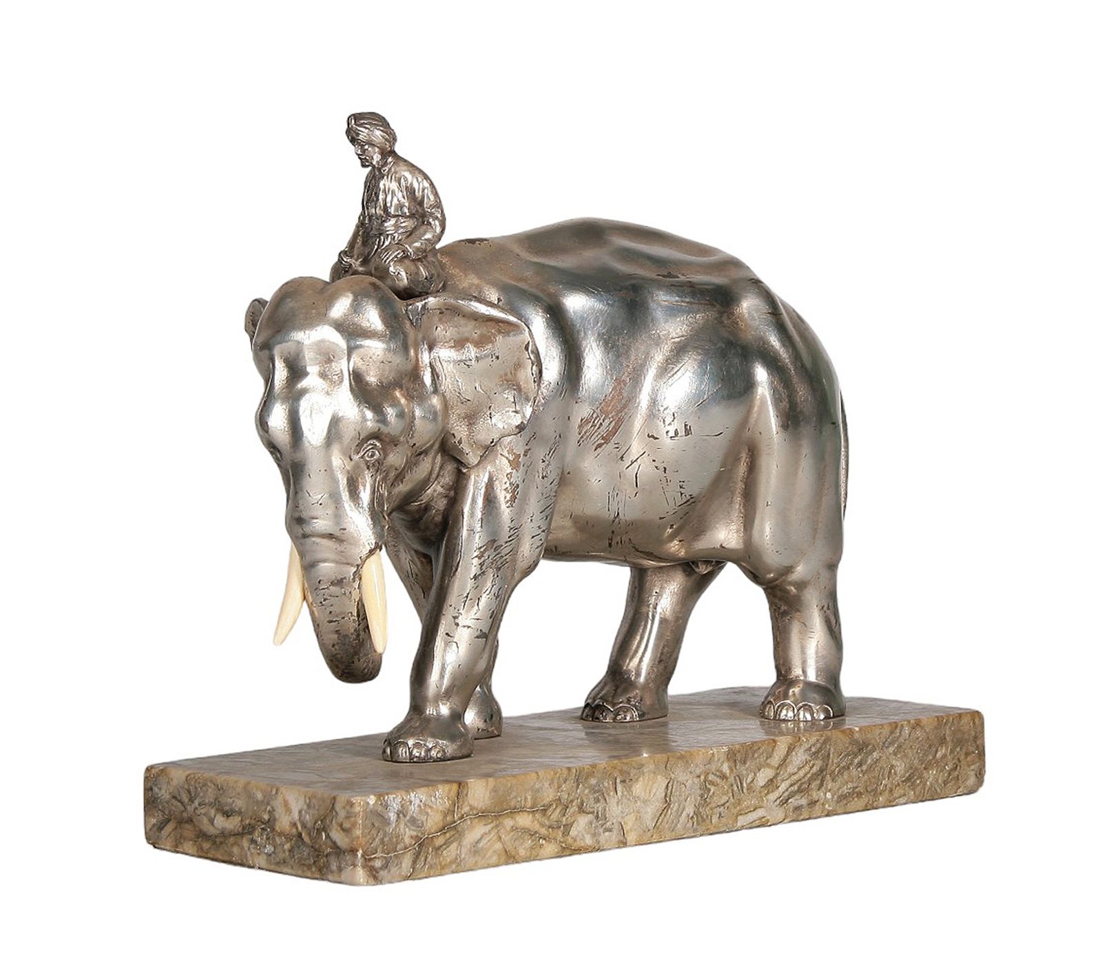 Ealy 20th Century Art Nouveau Silver Tone Metal/Bone Elephant And Rider Sculpture With Stone Base, France