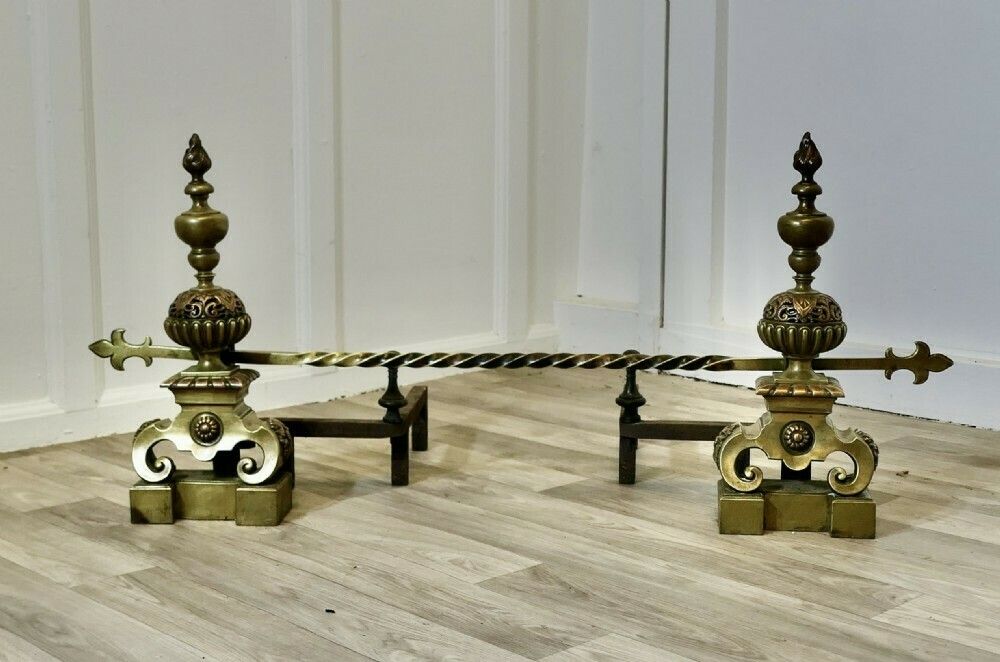 A Pair Of Large French Baroque Brass Andirons Or Chenets