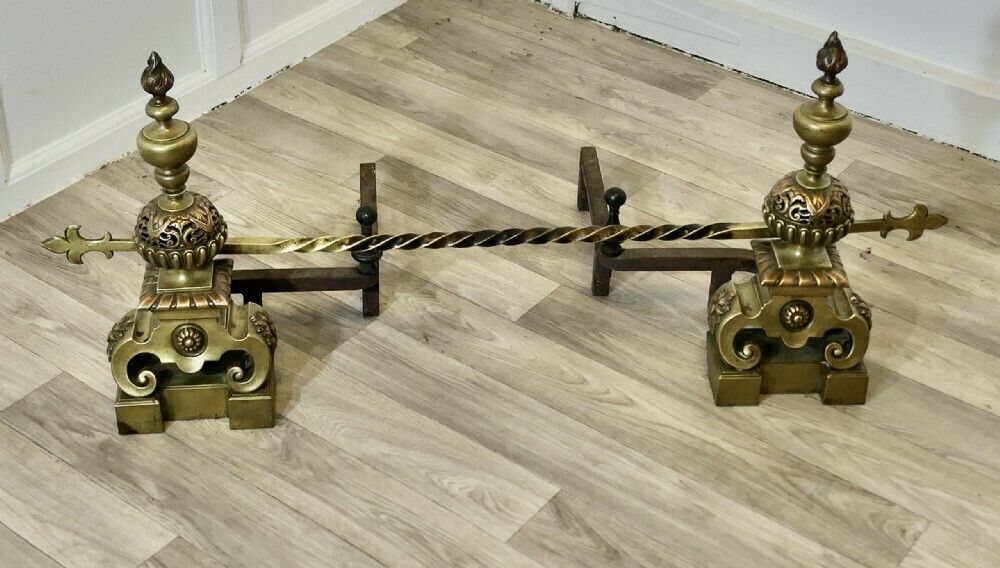 A Pair Of Large French Baroque Brass Andirons Or Chenets photo furniture