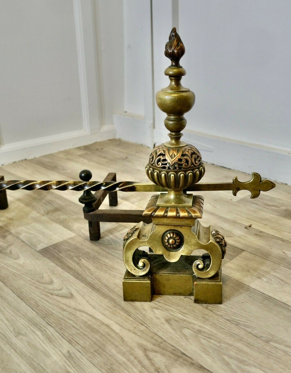 A Pair Of Large French Baroque Brass Andirons Or Chenets photo 1194.0