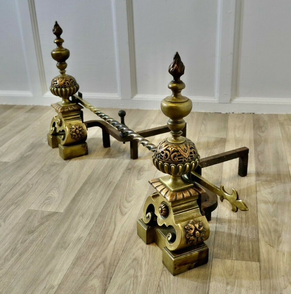 A Pair Of Large French Baroque Brass Andirons Or Chenets photo vinterior