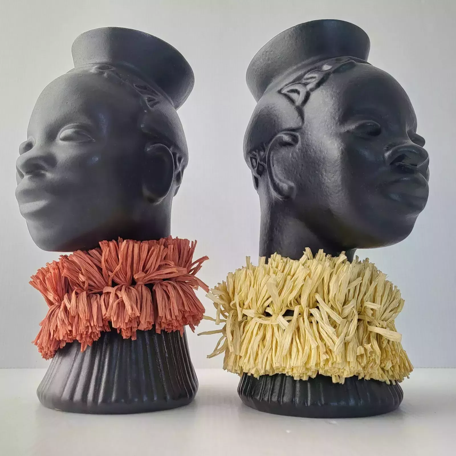 Pair Of Vintage 1950's Africanist Vases Black Ceramic & Straw 50s Rockabilly