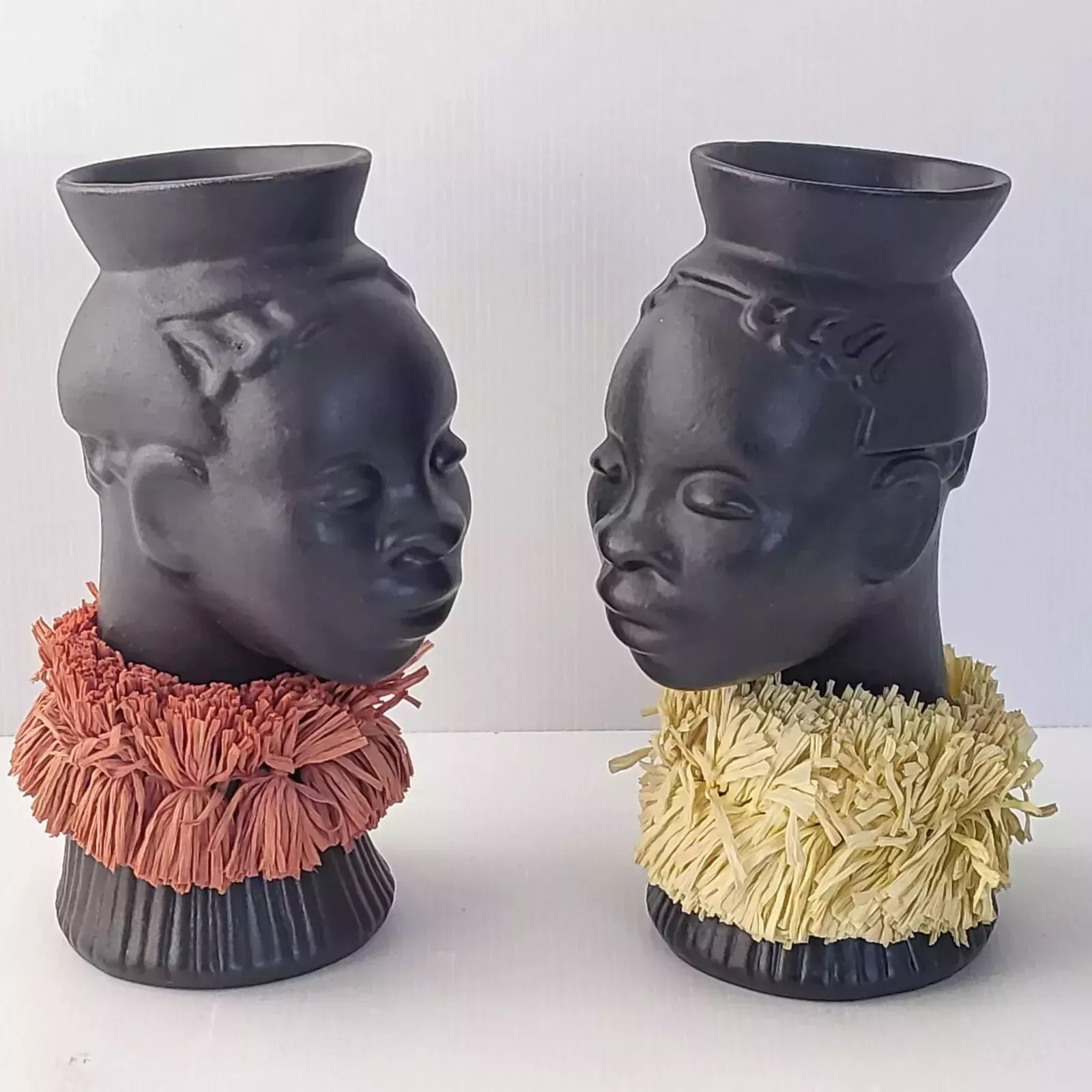 Pair Of Vintage 1950's Africanist Vases Black Ceramic & Straw 50s Rockabilly photo furniture