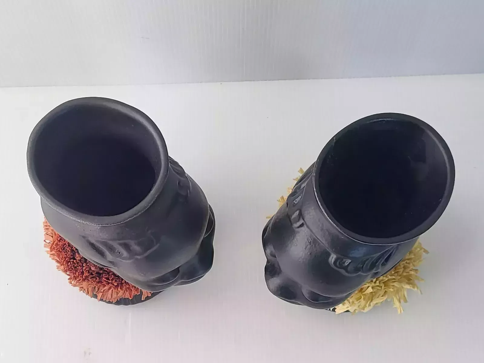 Pair Of Vintage 1950's Africanist Vases Black Ceramic & Straw 50s Rockabilly photo 696.0