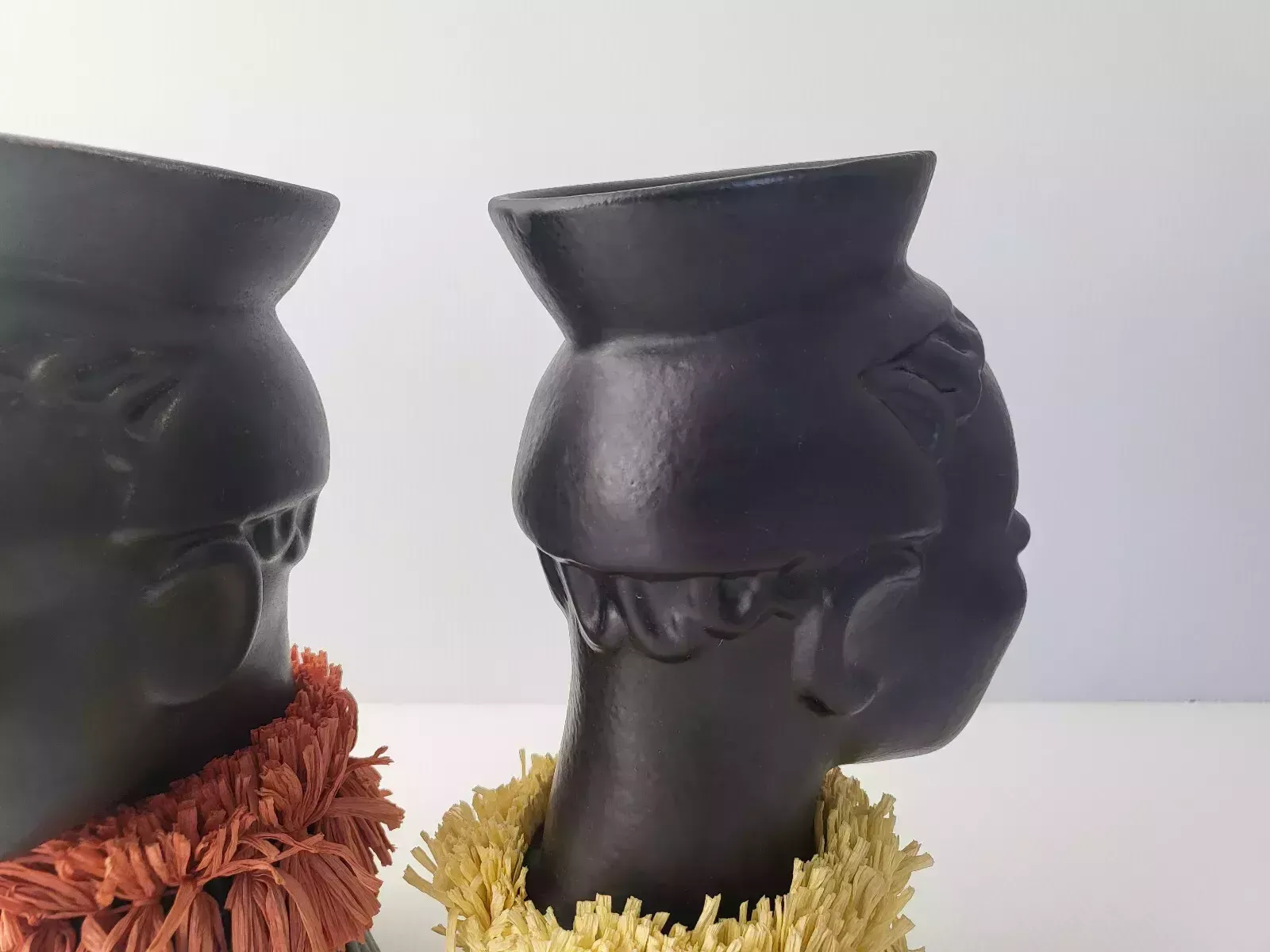Pair Of Vintage 1950's Africanist Vases Black Ceramic & Straw 50s Rockabilly photo vintage