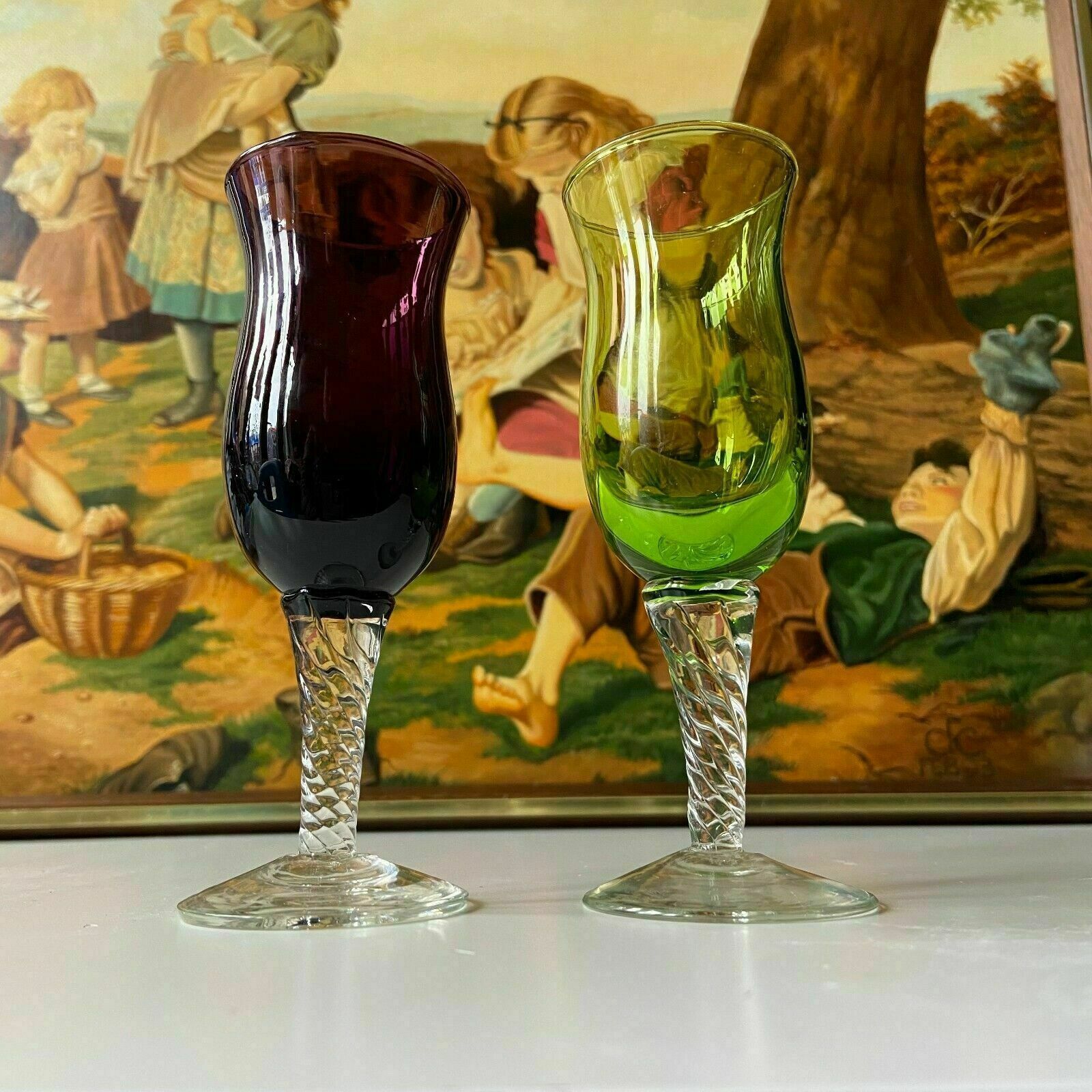 A Pair Murano Tined Glass Flutes Coloured Glass Goblets, Years 1960s photo furniture