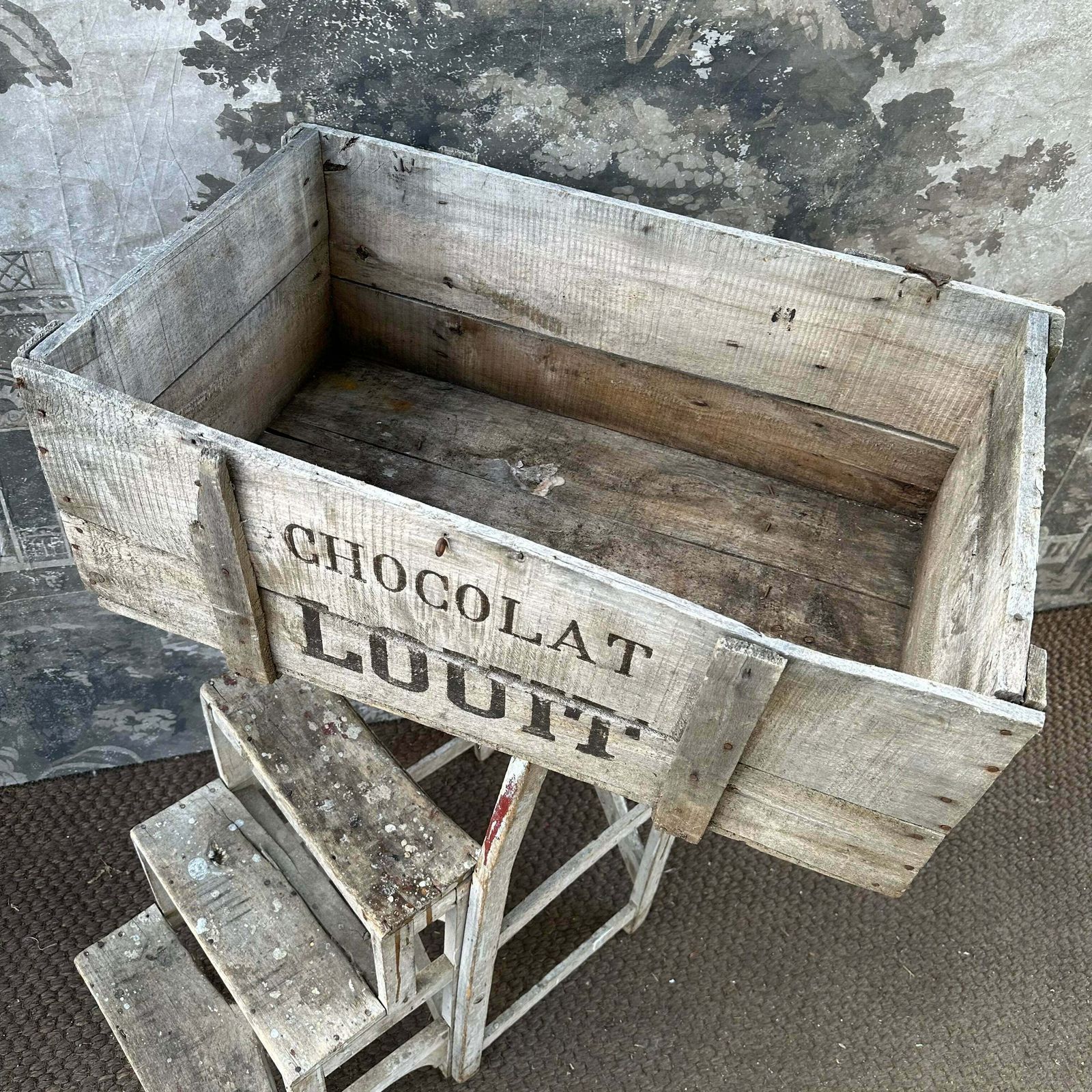 Rare “Louit Freres & Co   Bordeaux” Chocolat Louit Wooden Crate   French Antique photo furniture