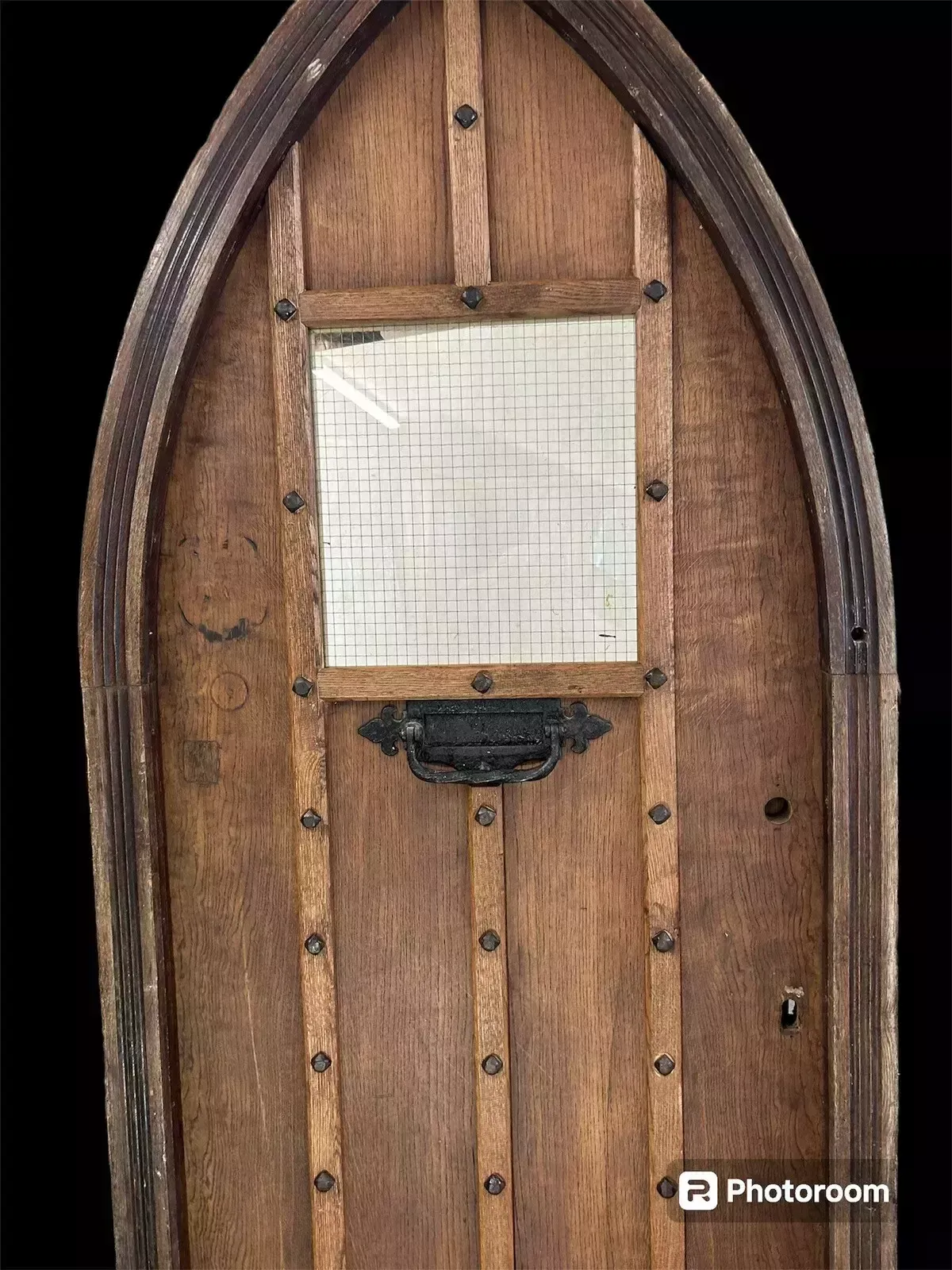 Solid Oak Front Door Frame Antique Old Period Reclaimed Tudor Arched Iron Glazed photo for sale
