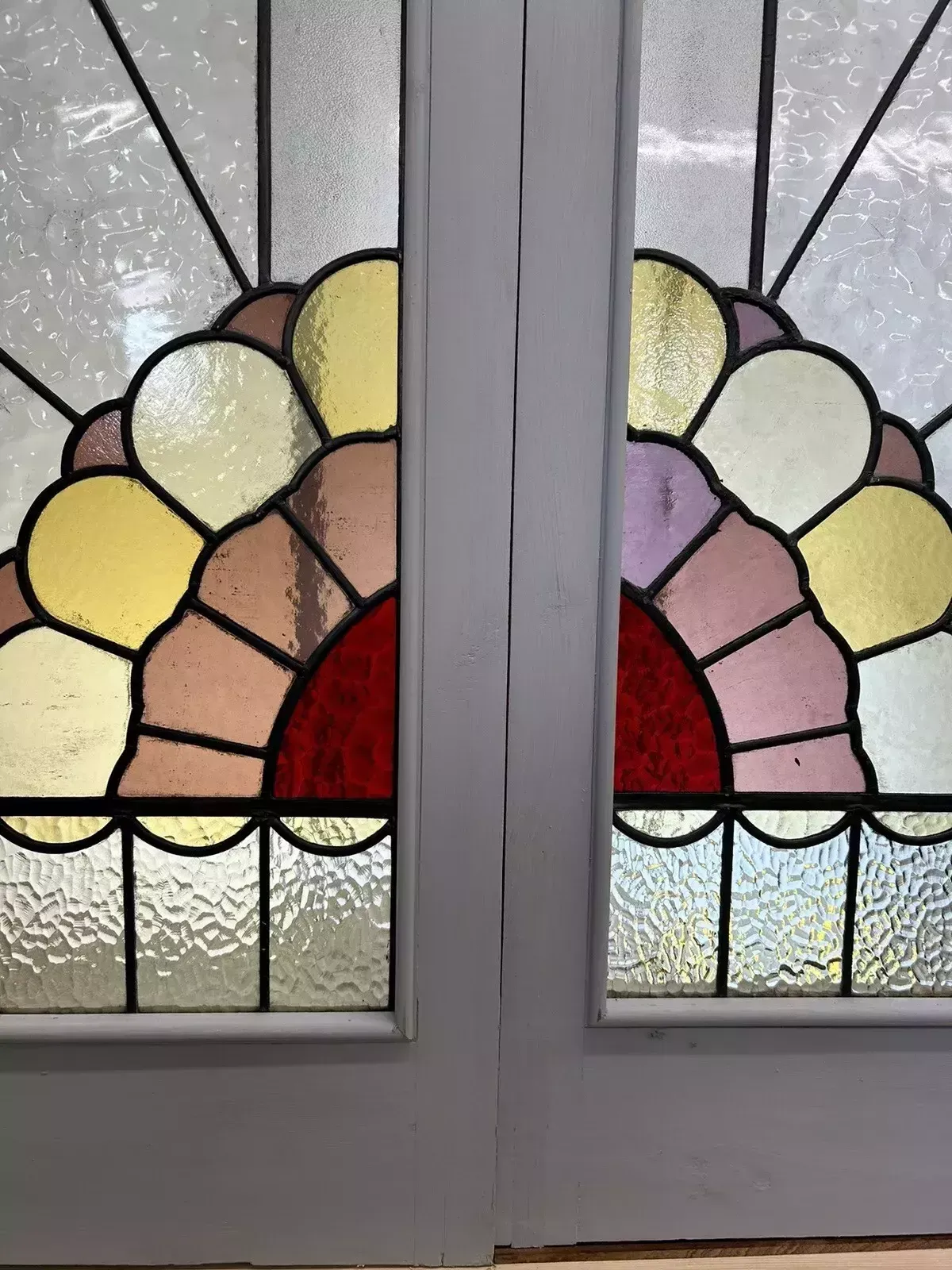 Art Deco Stained Glass Doors Antique Period Reclaimed Old French Lead Double Set photo 3481.0
