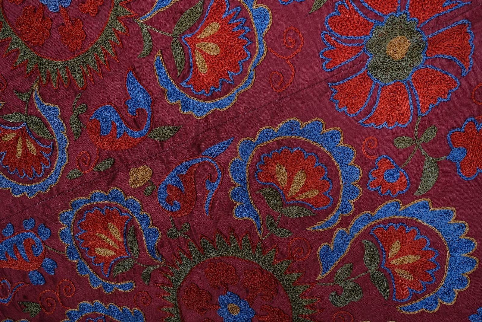 Silk Red Suzani Tapestry With Floral Design, Pictorial Suzani Wall Hanging Decor, Bukhara Tablecloth 3'1'' X 6'3'' photo 350.0