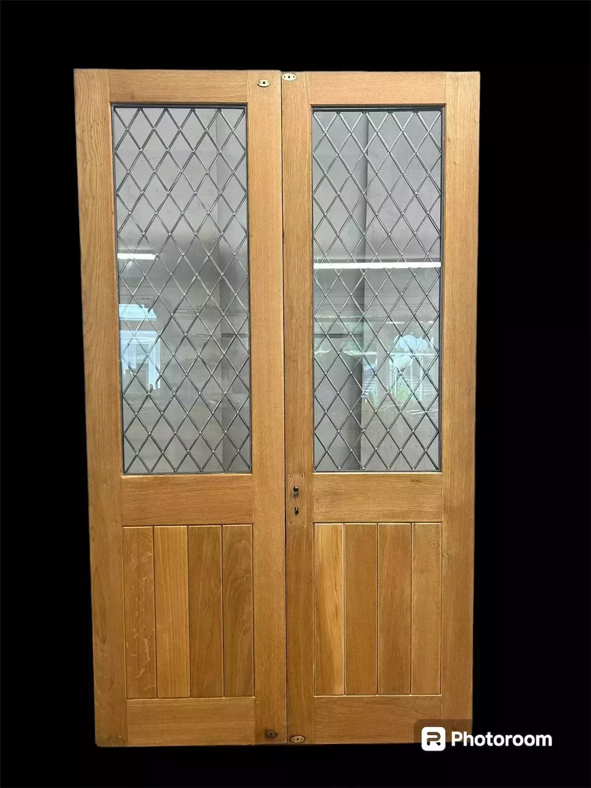 Solid Oak French Door Set Double Glazed 2 Antique Leaded Period Reclaimed Wood photo vinterior