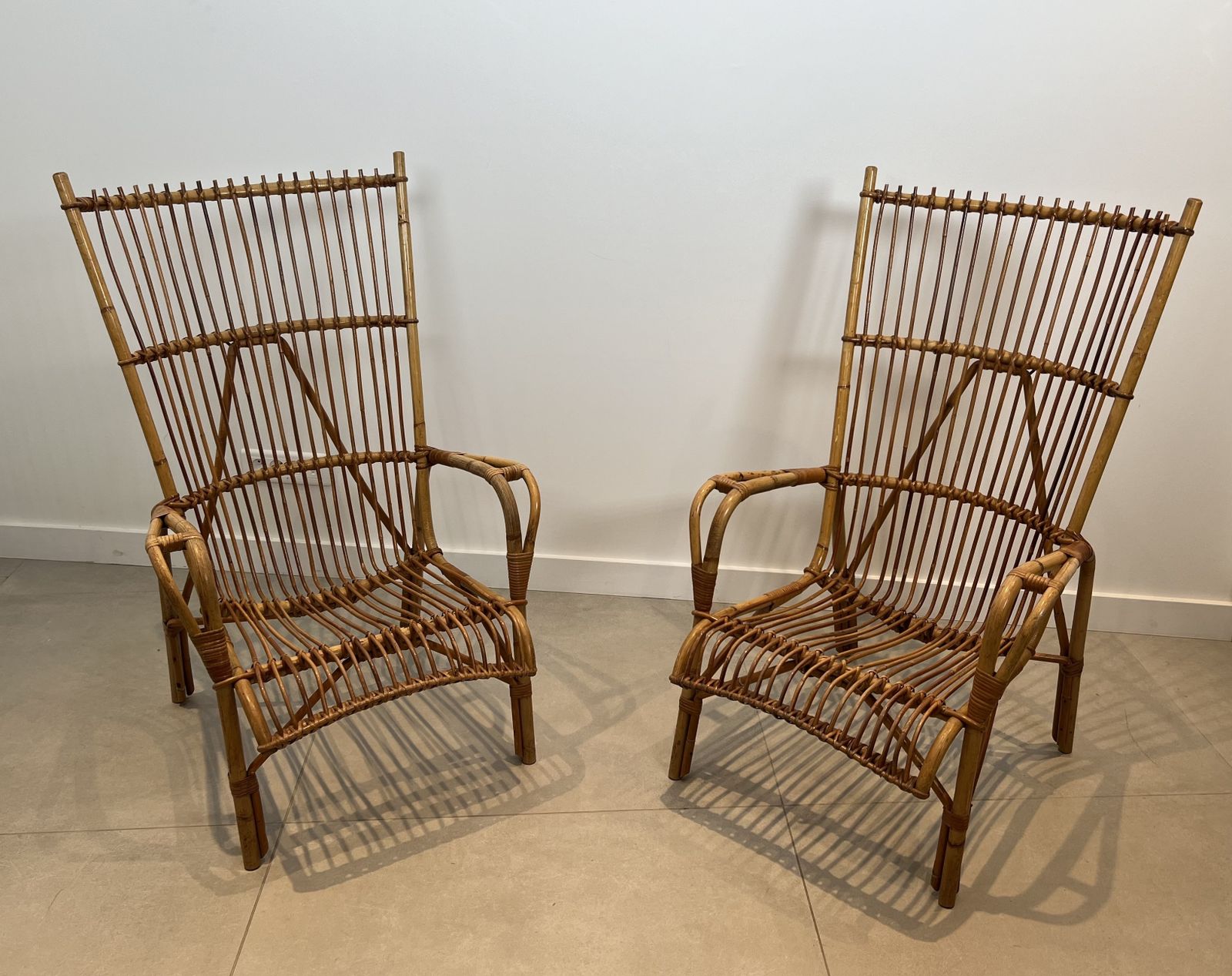 photo for sale Pair Of High Designer Rattan Armchairs