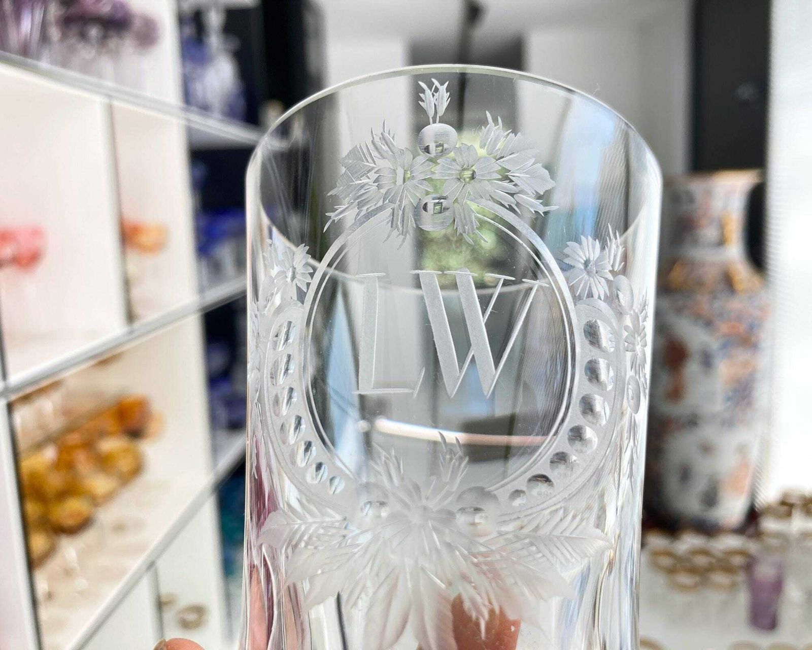 Gegraveerde Kristallen Tumbler | 2 Stuks | Biedermeier Kristal | Initialen Iw Lw photo vinterior