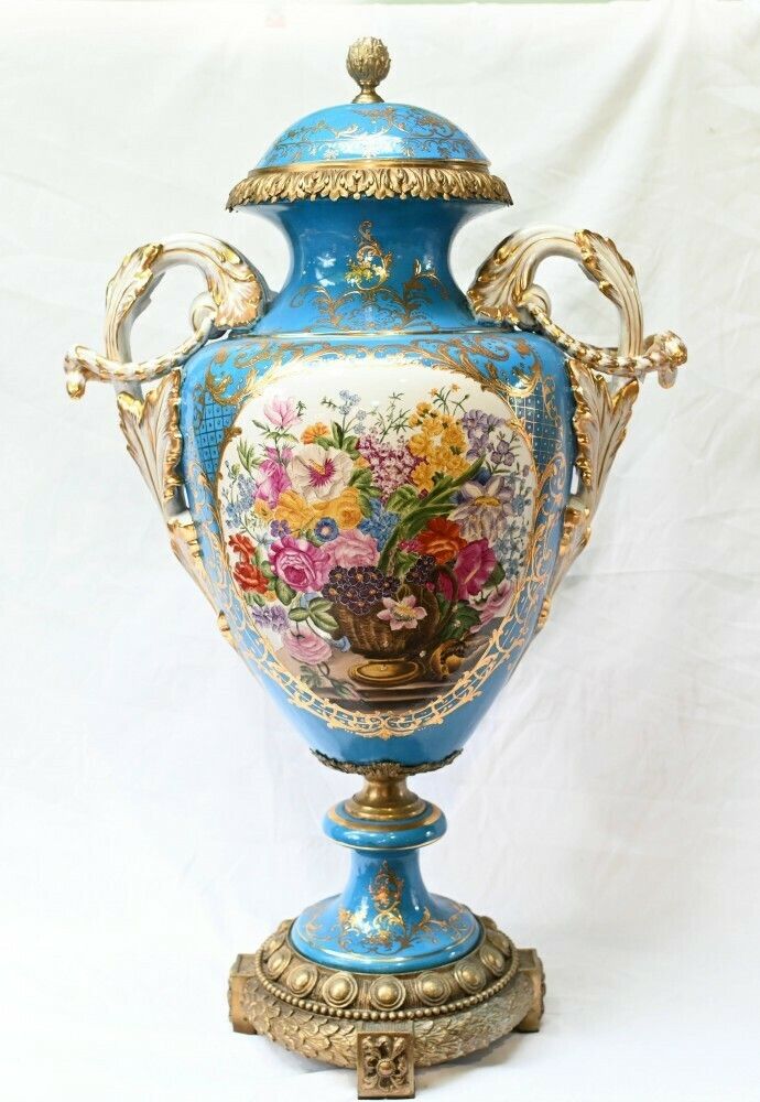 Pair Large Sevres Floral Porcelain Vases Amphora Urns photo furniture