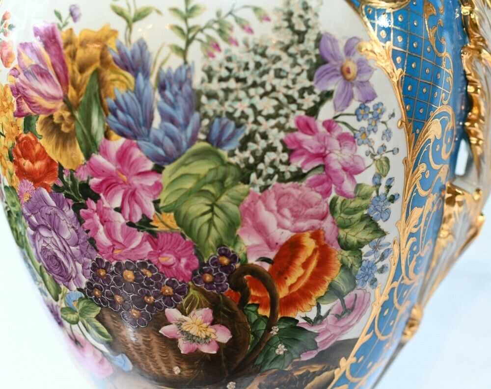 Home Decor Pair Large Sevres Floral Porcelain Vases Amphora Urns photo