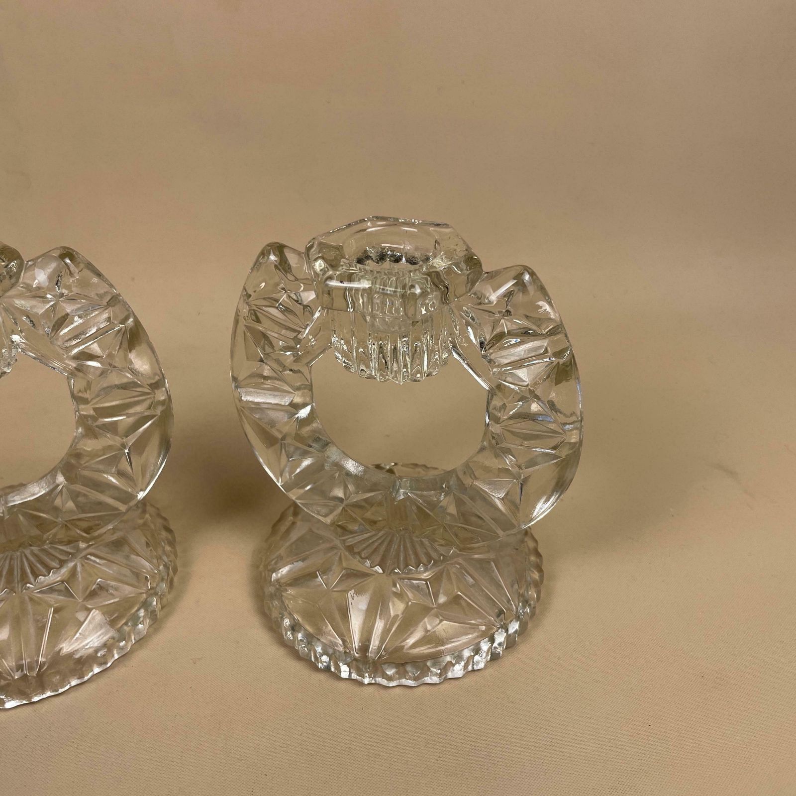 Vintage Pair Of Matching Clear Glass Candlestick Candle Stick Holder Lights Vintage Taper Dinner Candlesticks Chandelier Round Base Retro photo for sale