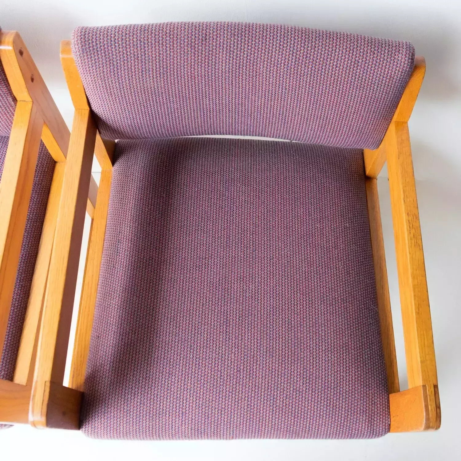 Furniture Pair Of Vintage Sculptural Upholstered Oak Cube Armchairs, C. 1970’s photo