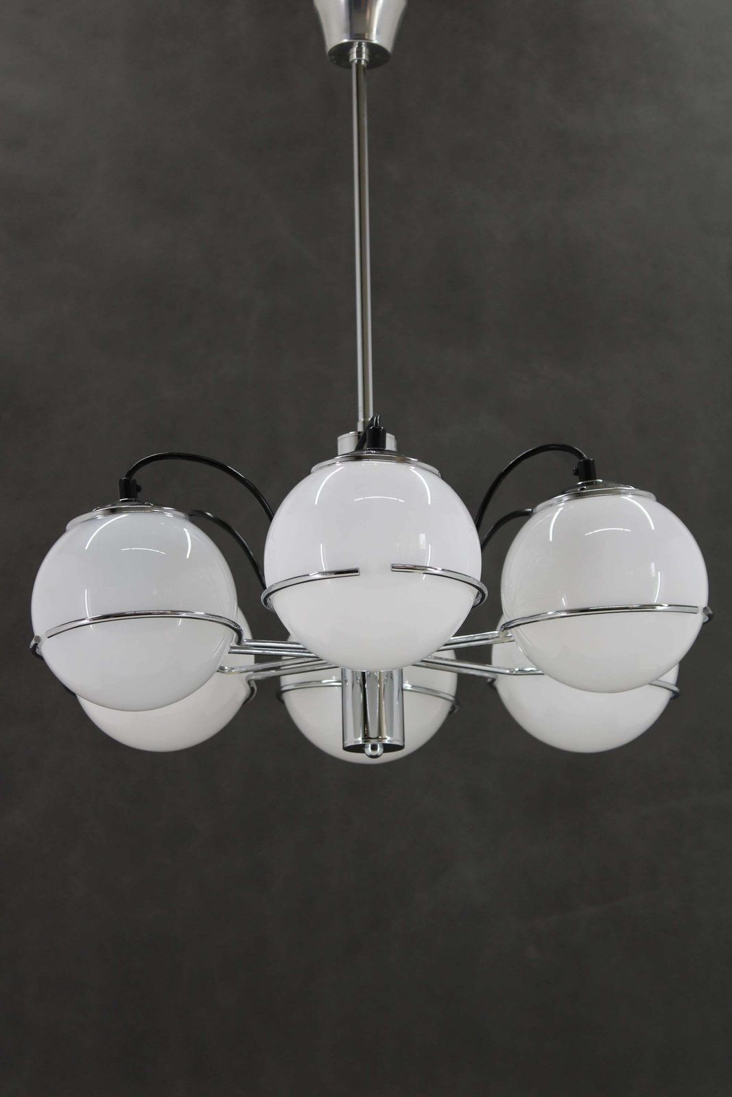 1970s Targetti Sankey Italian Chrome And Opaline Glass Chandelier photo furniture