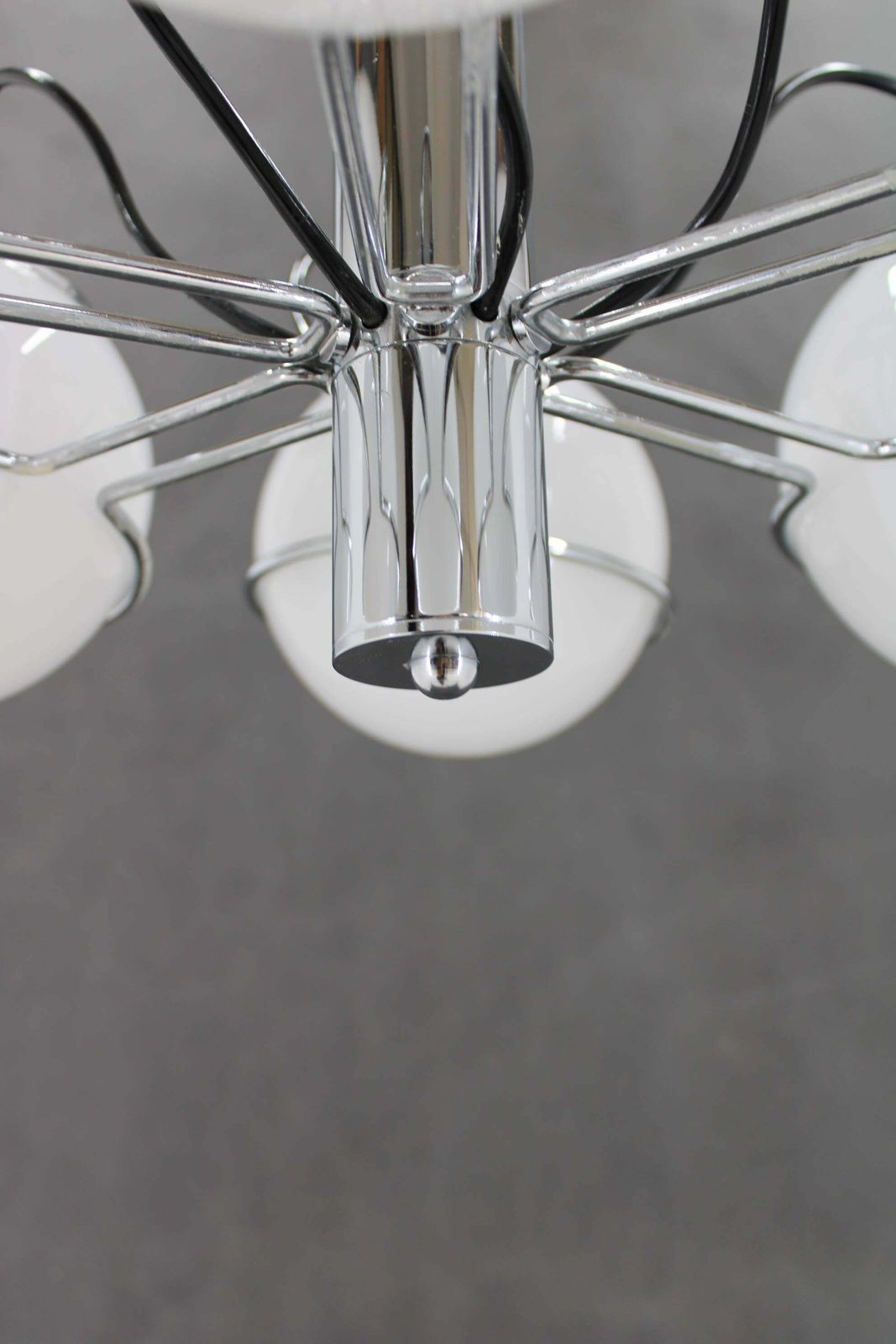 1970s Targetti Sankey Italian Chrome And Opaline Glass Chandelier photo vinterior