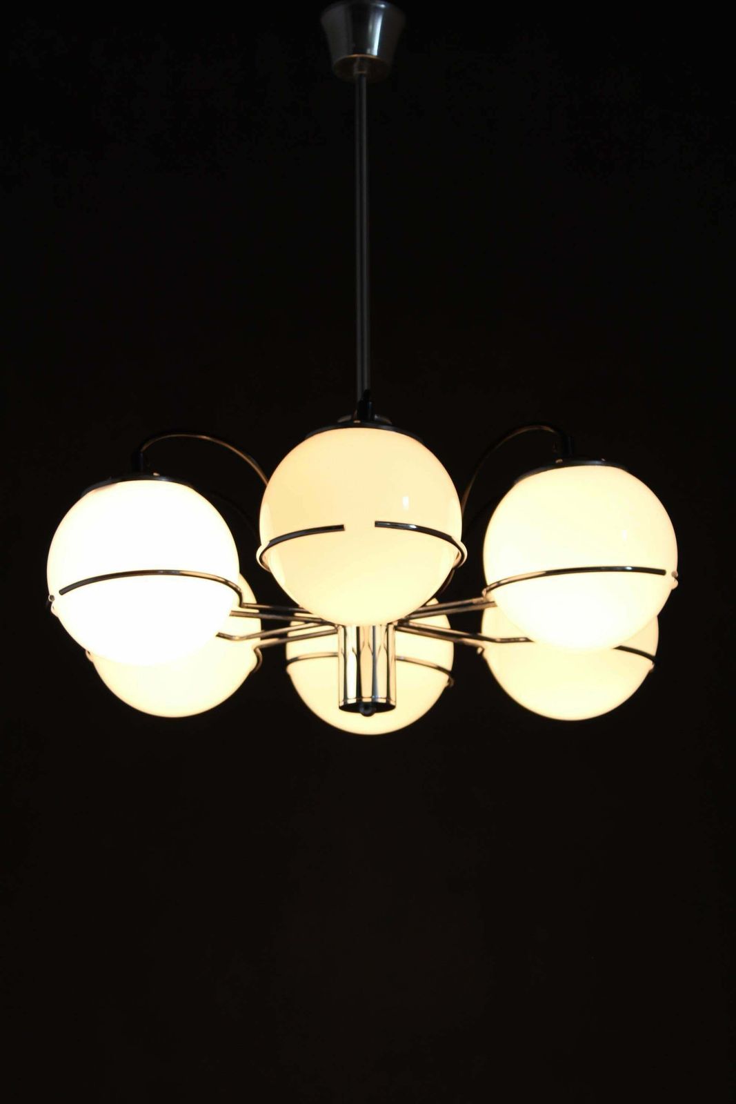 1970s Targetti Sankey Italian Chrome And Opaline Glass Chandelier photo vintage