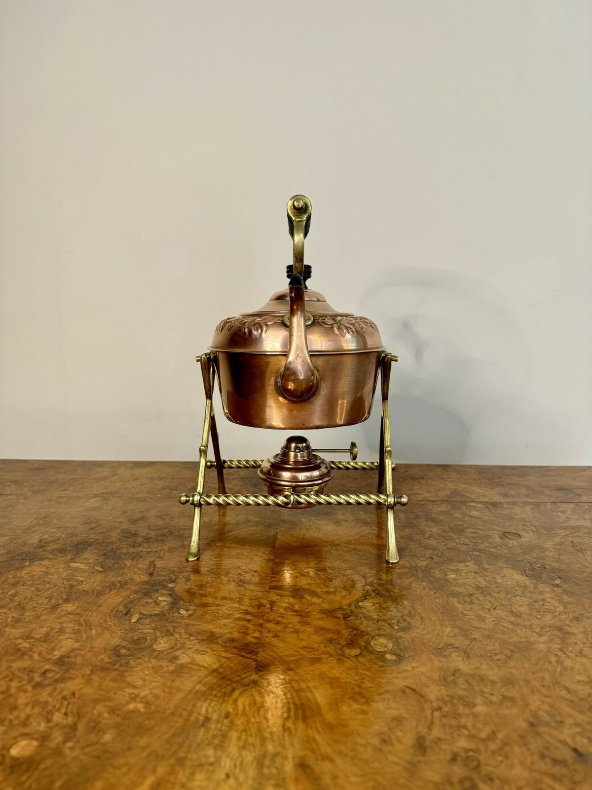 Wonderful Antique Quality Copper And Brass Spirit Kettle And Stand photo for sale