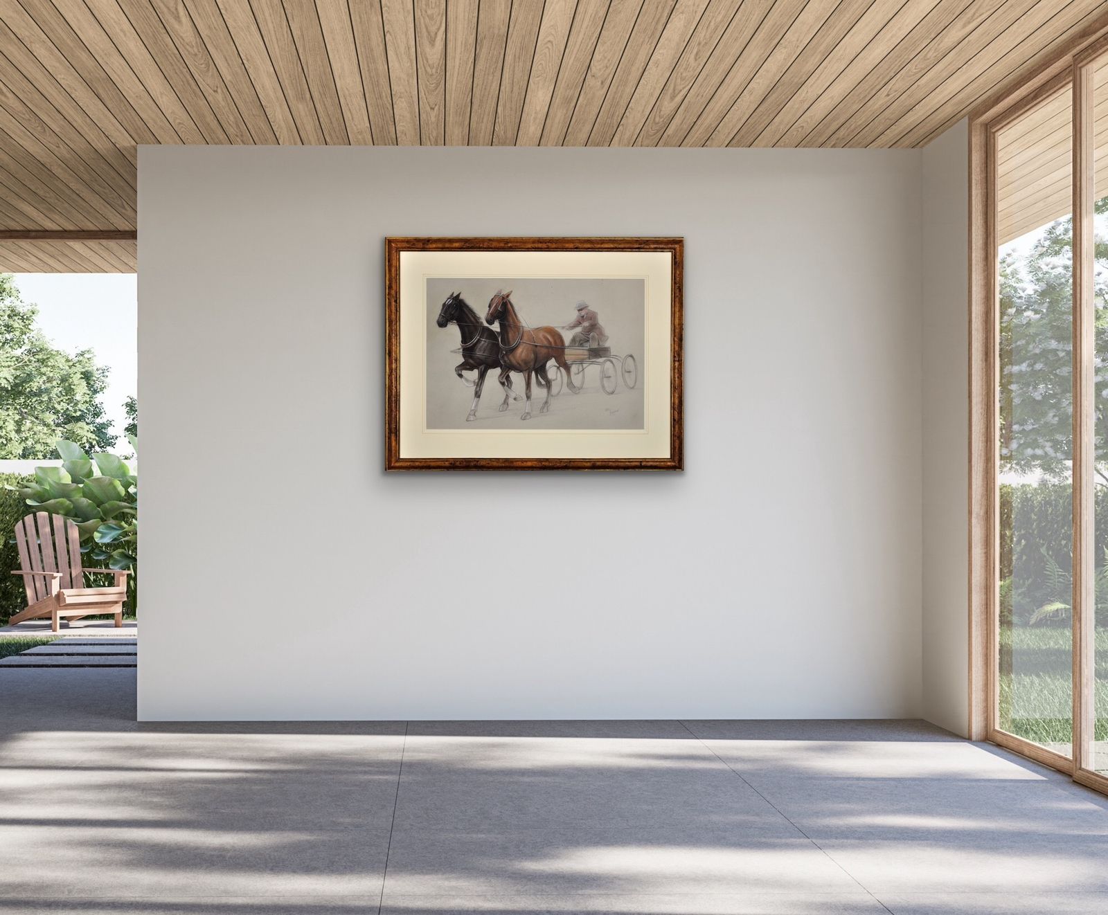 photo for sale Cecil Charles Windsor Aldin 1870 To 1935. English. Trotting Horses Harnessed To A Lightweight Four Wheel Cart Trap. Walnut Framed Chalk Drawing.