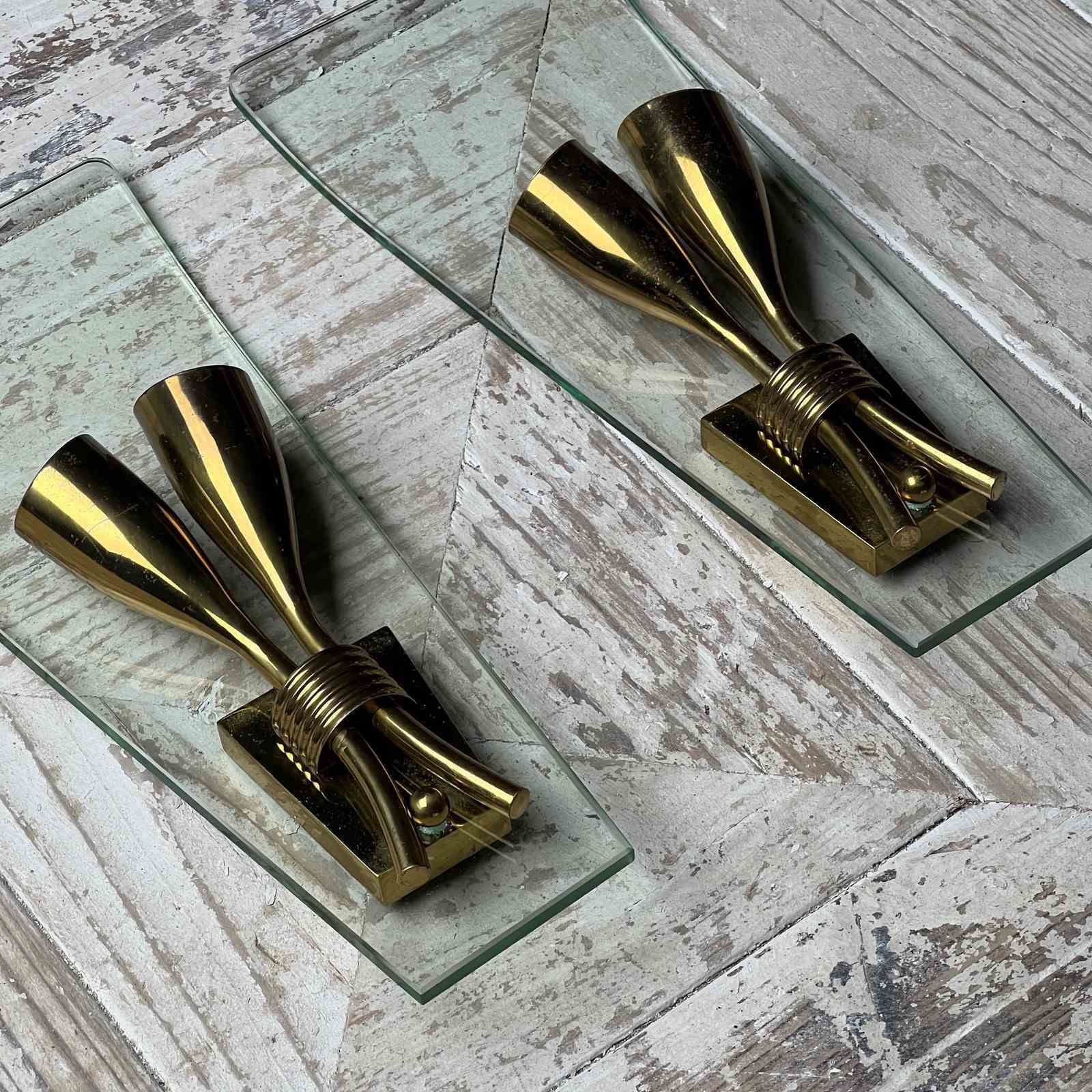 photo for sale Pair Of 1950s Italian Mid Century Modern Curved Glass Wall Light Sconces