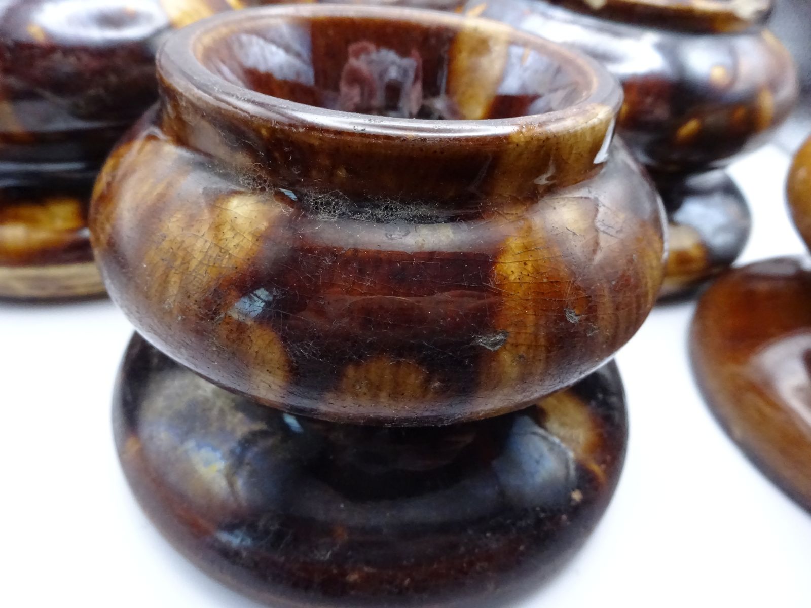Rare Find 6 Antique Treacle Glazed Pottery Furniture Feet/Castor Cups/Carpet Protectors , As Found Condition photo buy
