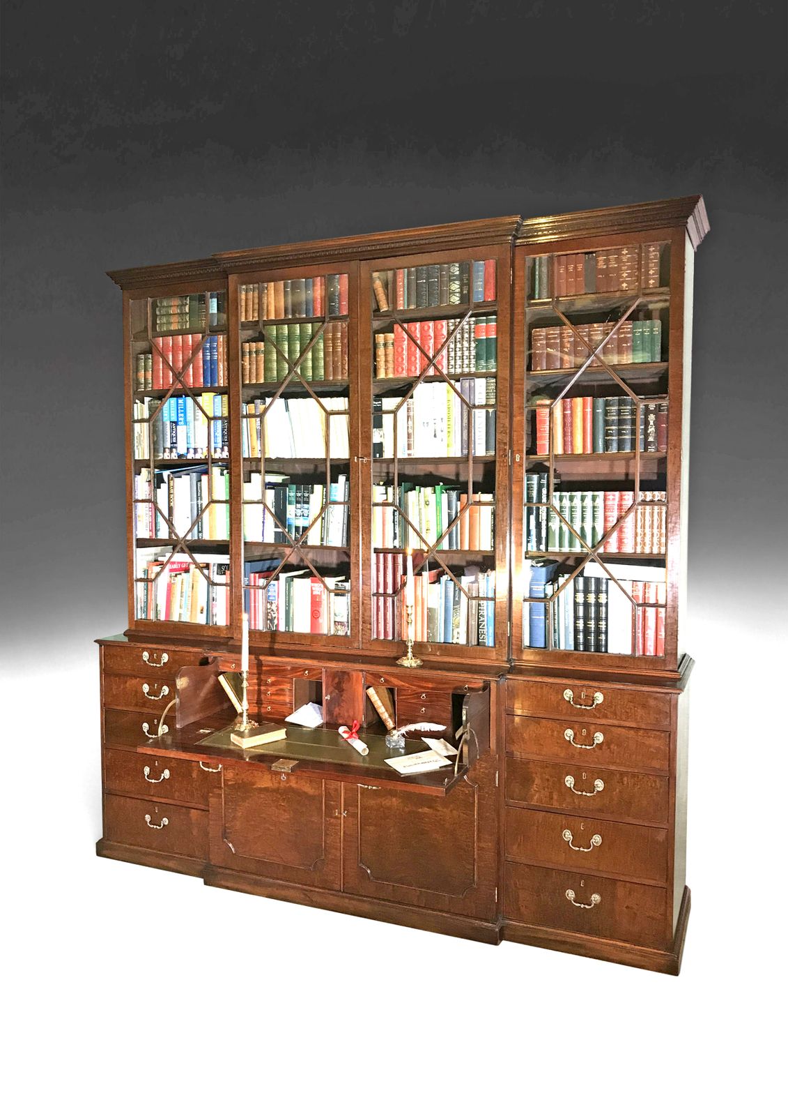 Chippendale Period Mahogany Secretaire Breakfront Bookcase