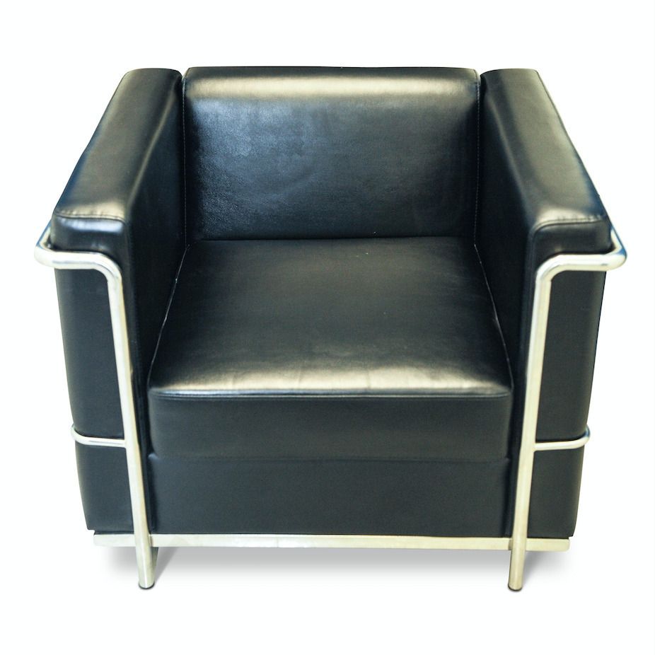 After Le Corbusier Lc2 Black Leather Armchair Within A Polished Chrome Frame