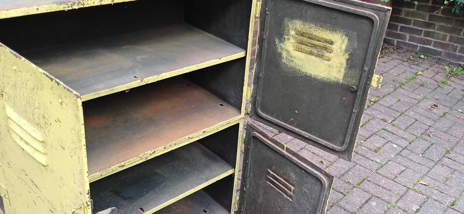 photo furniture Pair Of Industrial Metal Painted Storage Cupboards Project Freestanding Or Wall Hanging.