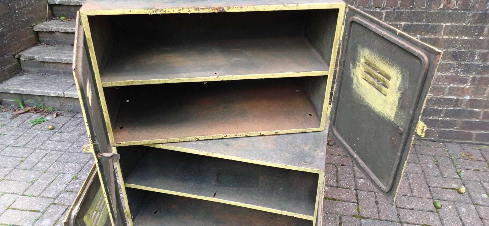 photo for sale Pair Of Industrial Metal Painted Storage Cupboards Project Freestanding Or Wall Hanging.