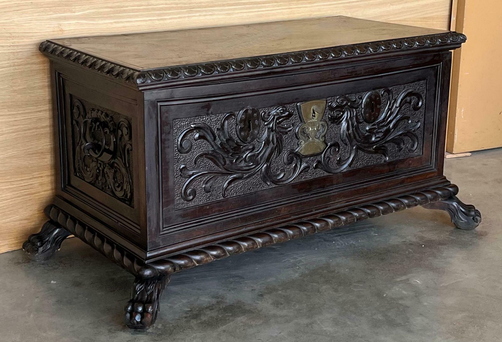 19th Century Spanish Carved Cassone Trunk With Original Hardware And Three Locks photo vinterior