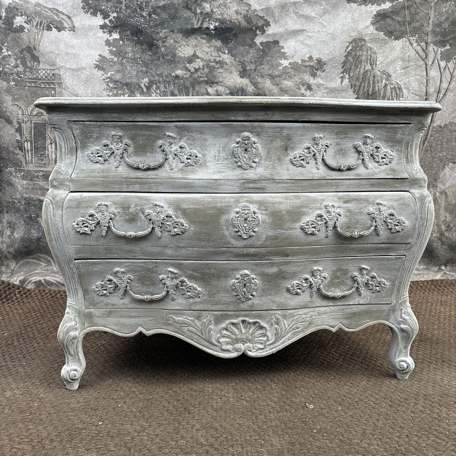French Antique Commode Bombe Curved Chest Of Drawers Pale Grey Chippy Paint