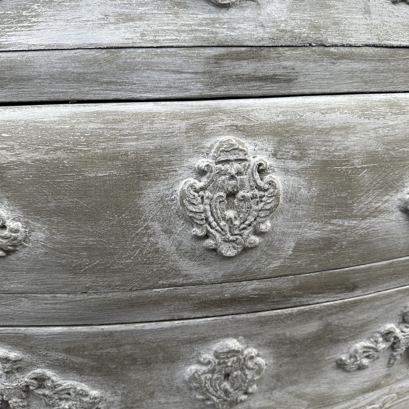 French Antique Commode Bombe Curved Chest Of Drawers Pale Grey Chippy Paint photo for sale