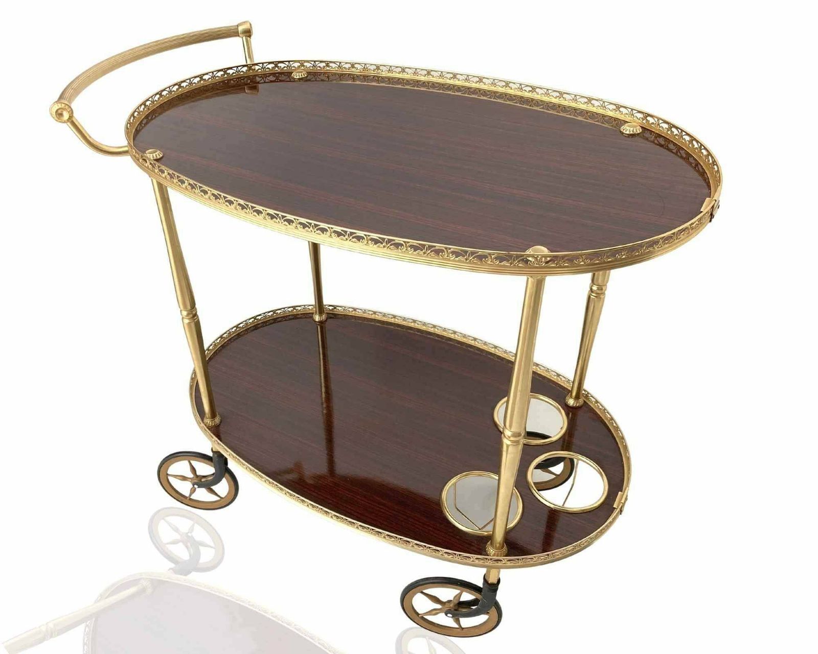 Brass Bar Cart | Wooden Oval Trolley | 3 Bottle Holders photo furniture