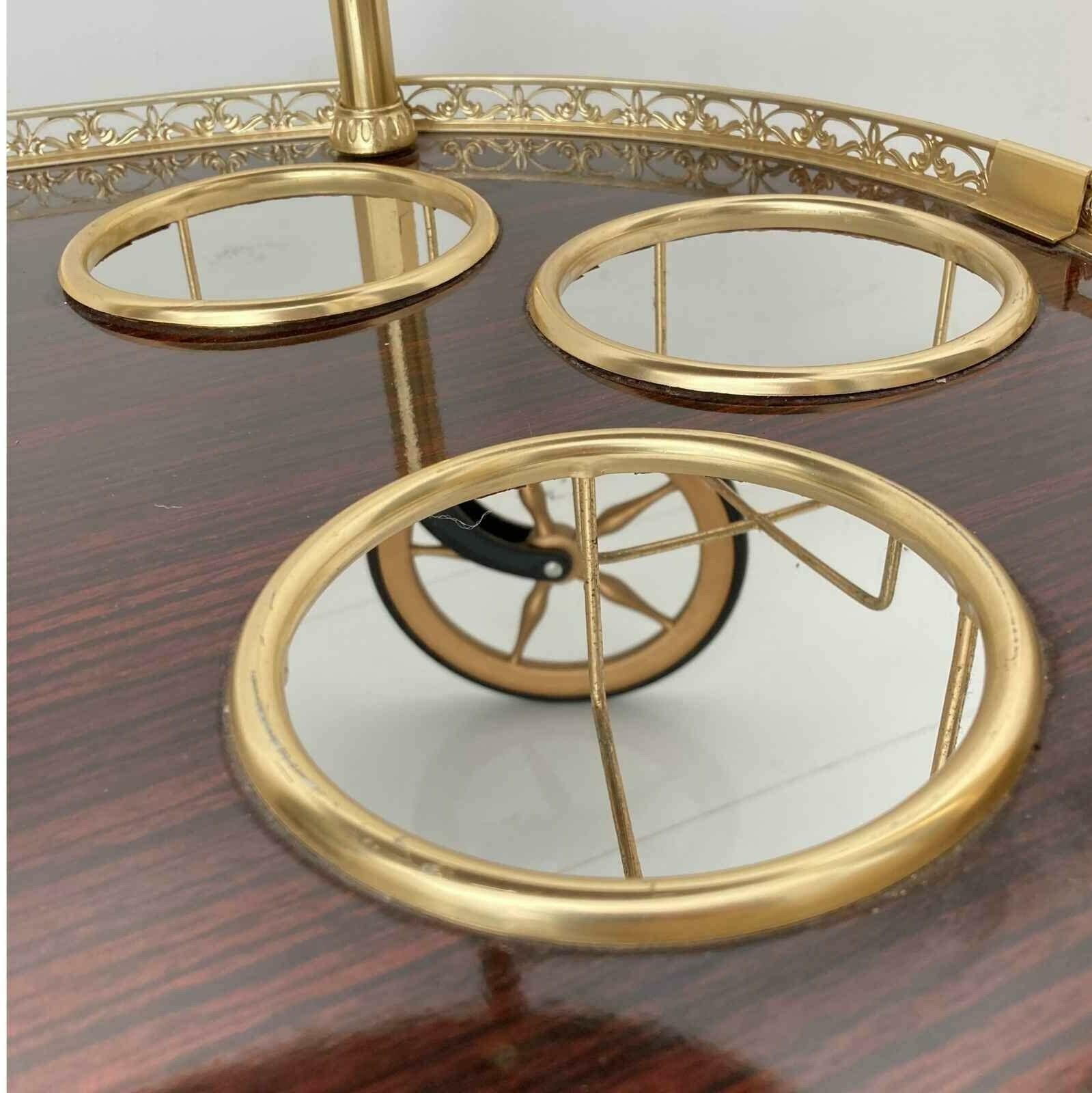 Brass Bar Cart | Wooden Oval Trolley | 3 Bottle Holders photo 786.0