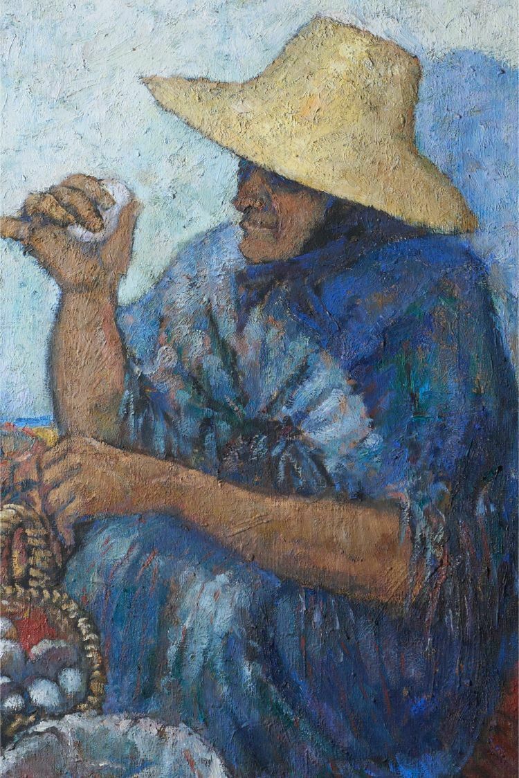 20th Century Oil On Canvas Of A Lady Selling Eggs  M Sancho photo for sale