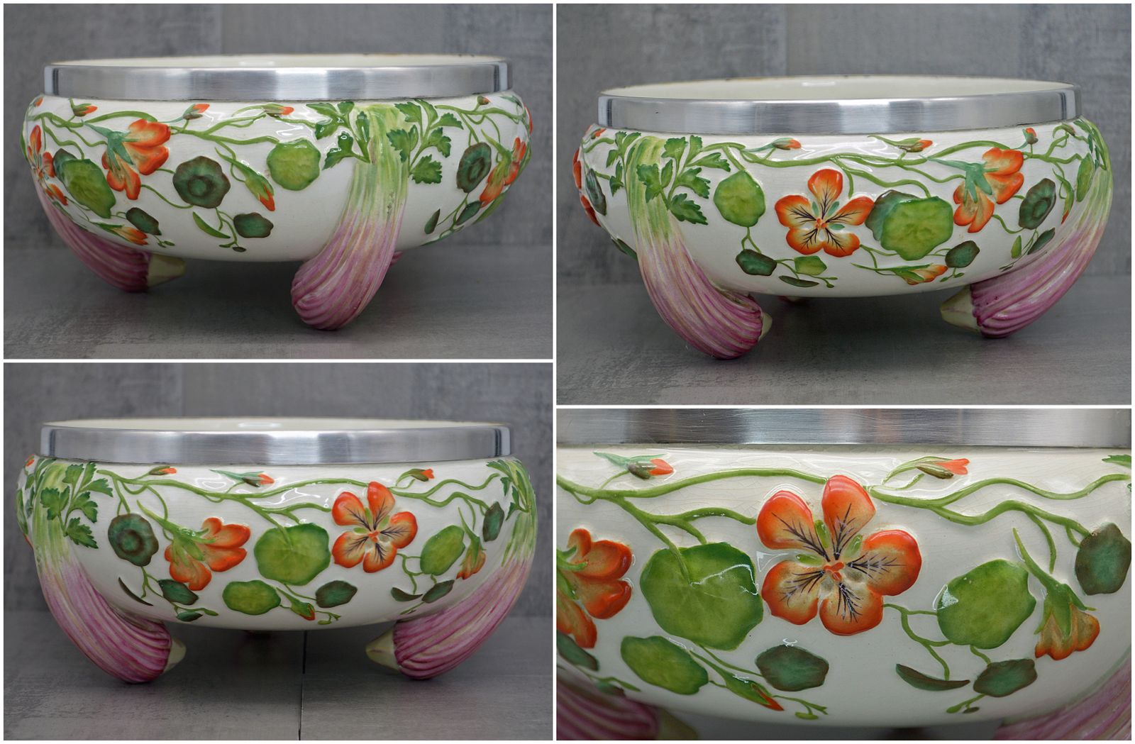 Antique Ceramic Majolica Salad Bowl (Or Soup Tureen) With Original Serving Cuttlery. photo Home Decor