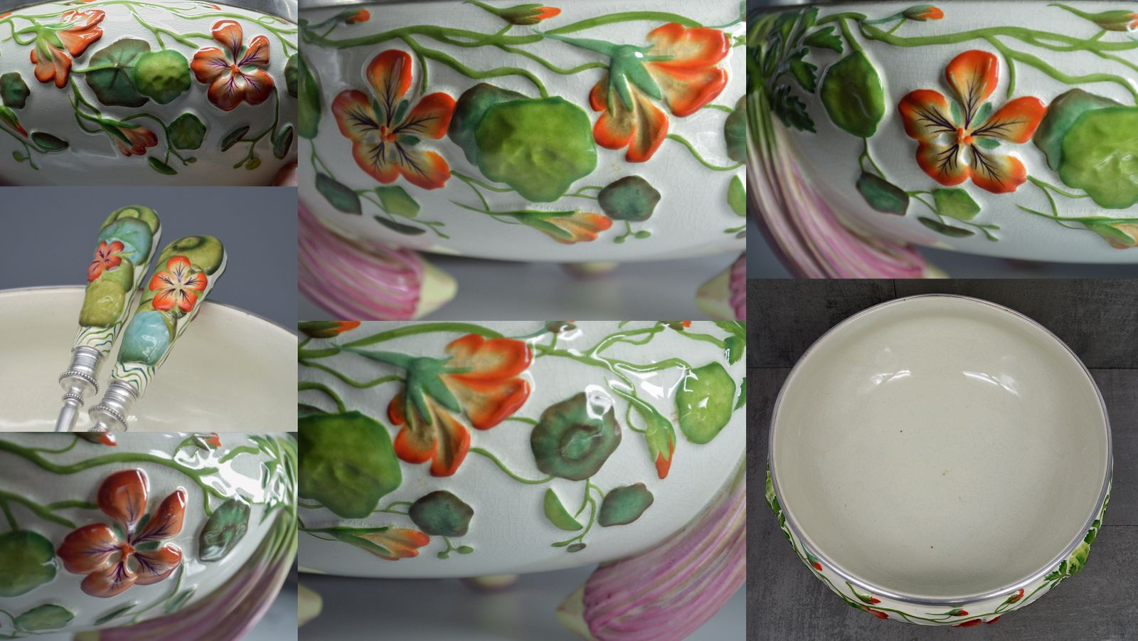 Antique Ceramic Majolica Salad Bowl (Or Soup Tureen) With Original Serving Cuttlery. photo 185.0